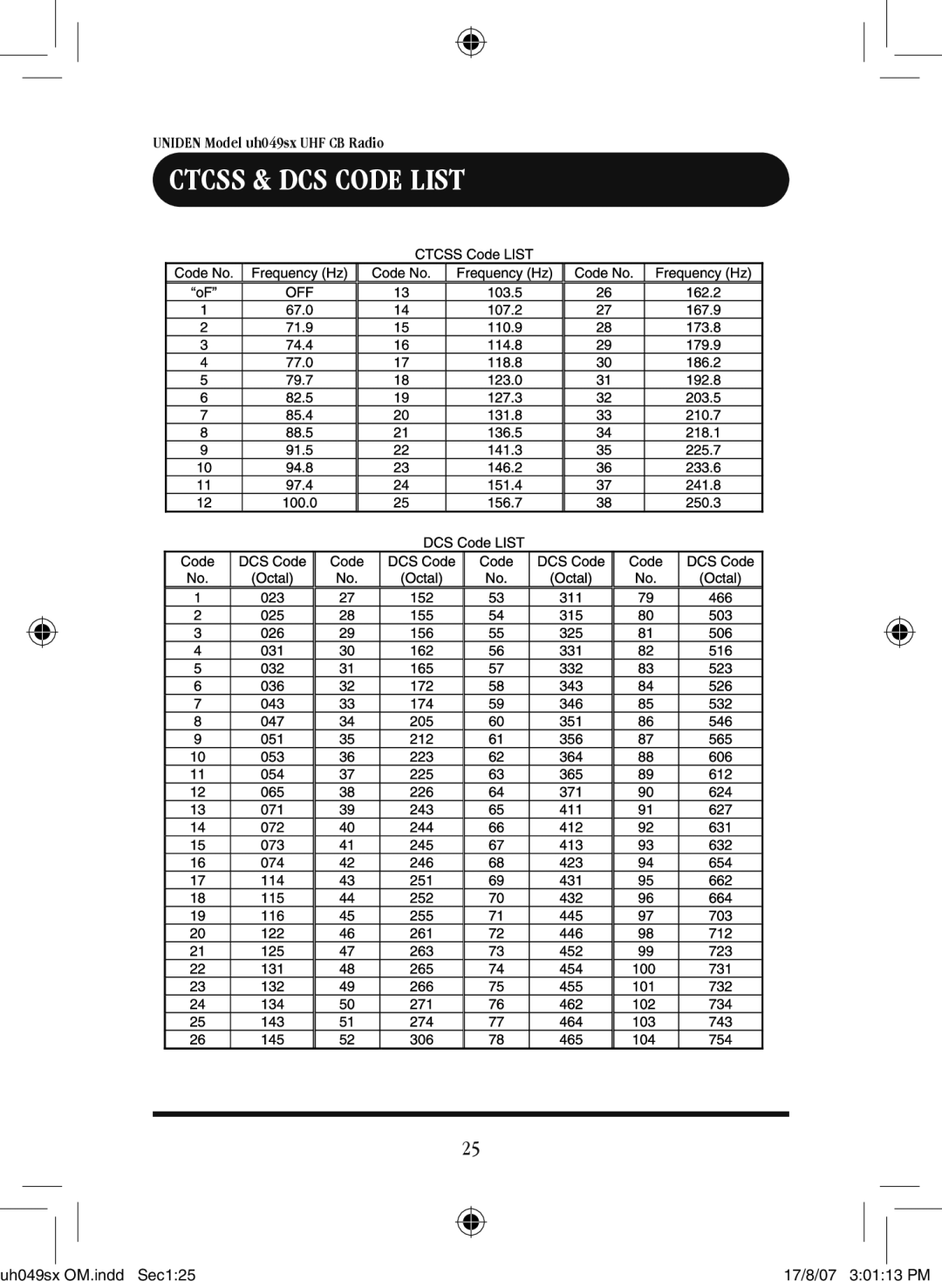 Uniden uh049sx-2 owner manual Ctcss & DCS Code List 