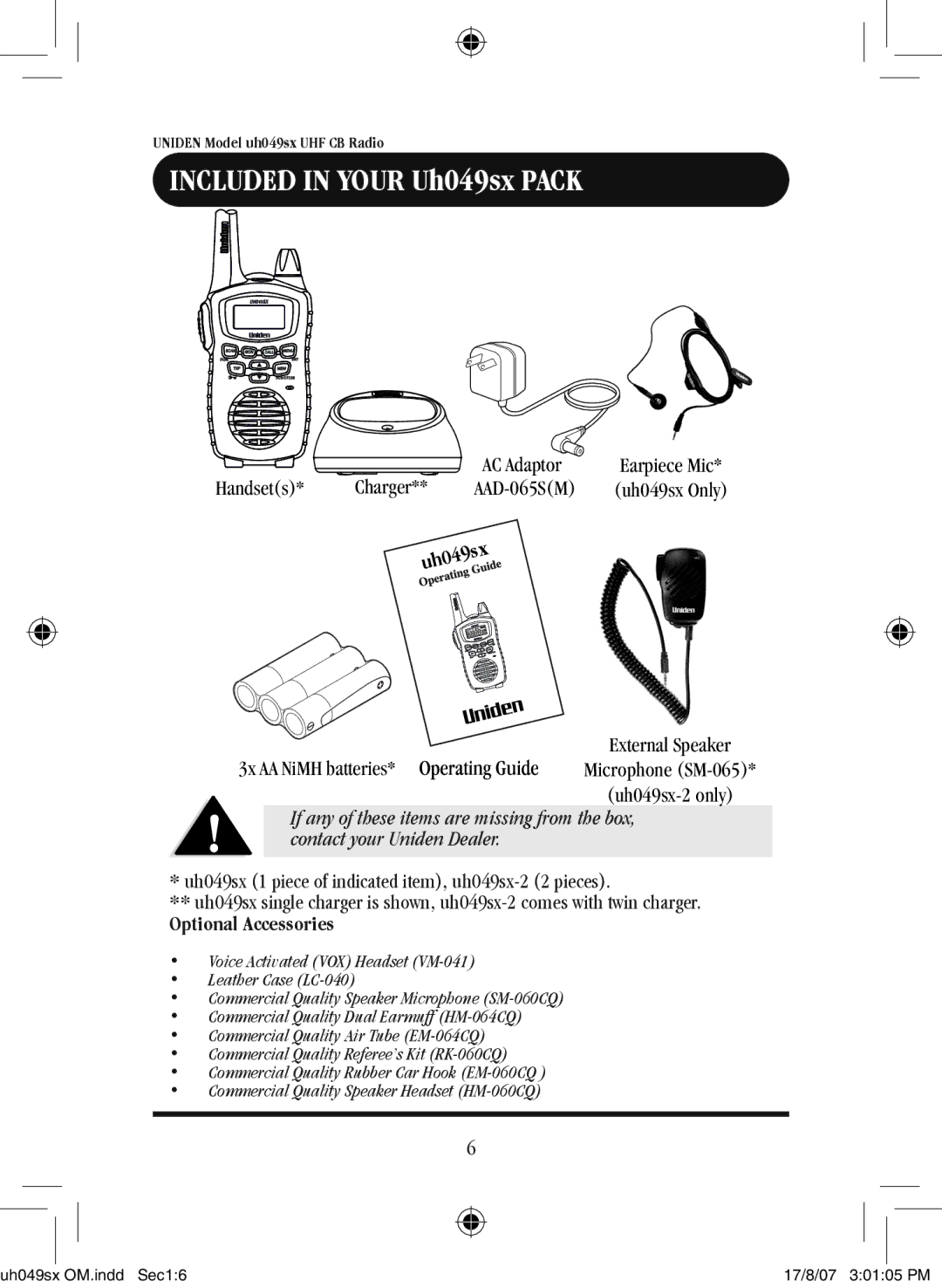 Uniden uh049sx-2 owner manual Included in Your Uh049sx Pack, Optional Accessories 