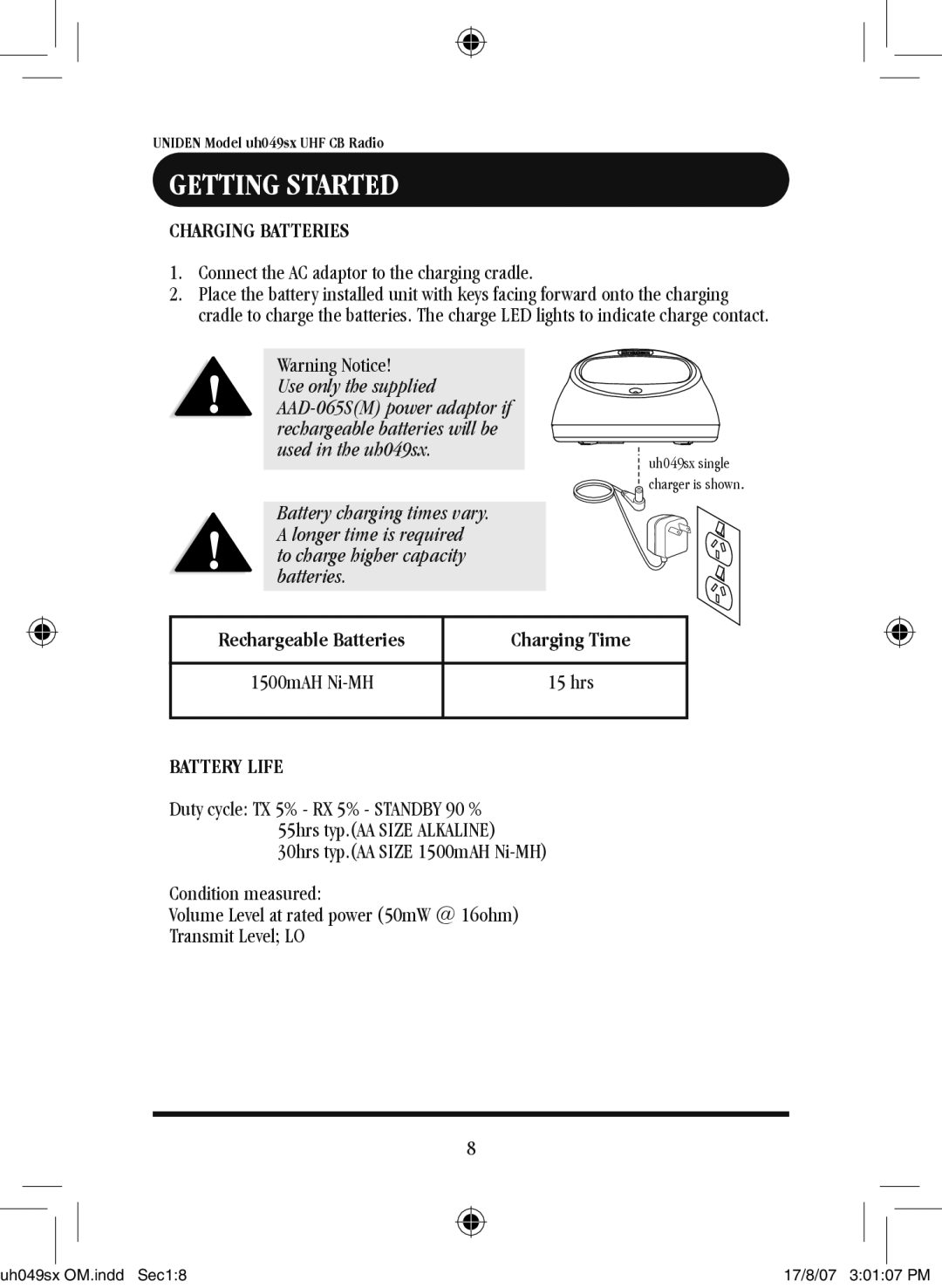 Uniden uh049sx-2 Charging Batteries, Connect the AC adaptor to the charging cradle, Charging Time, Battery Life 