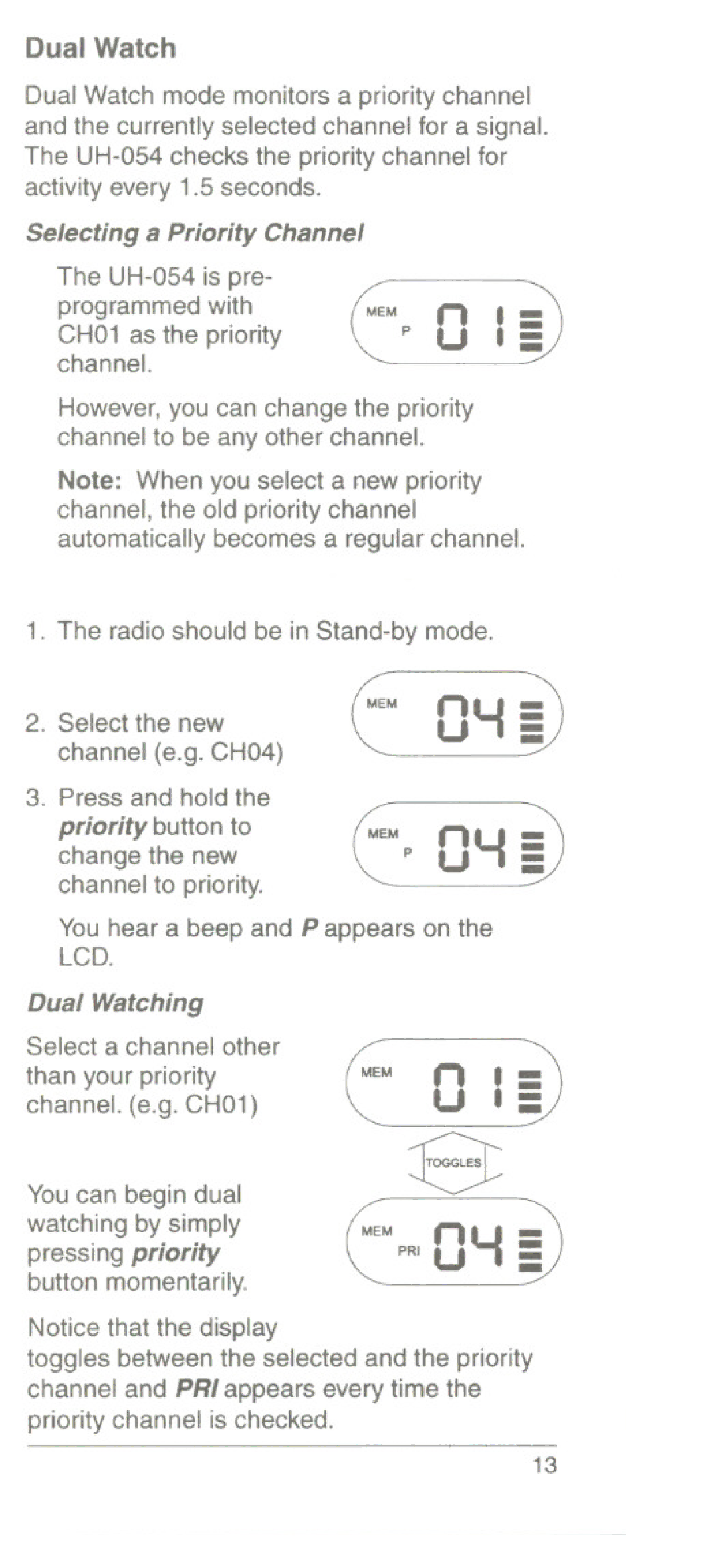 Uniden UH054A, UH054L manual Dual Watch, Selecting a Priority Channel 