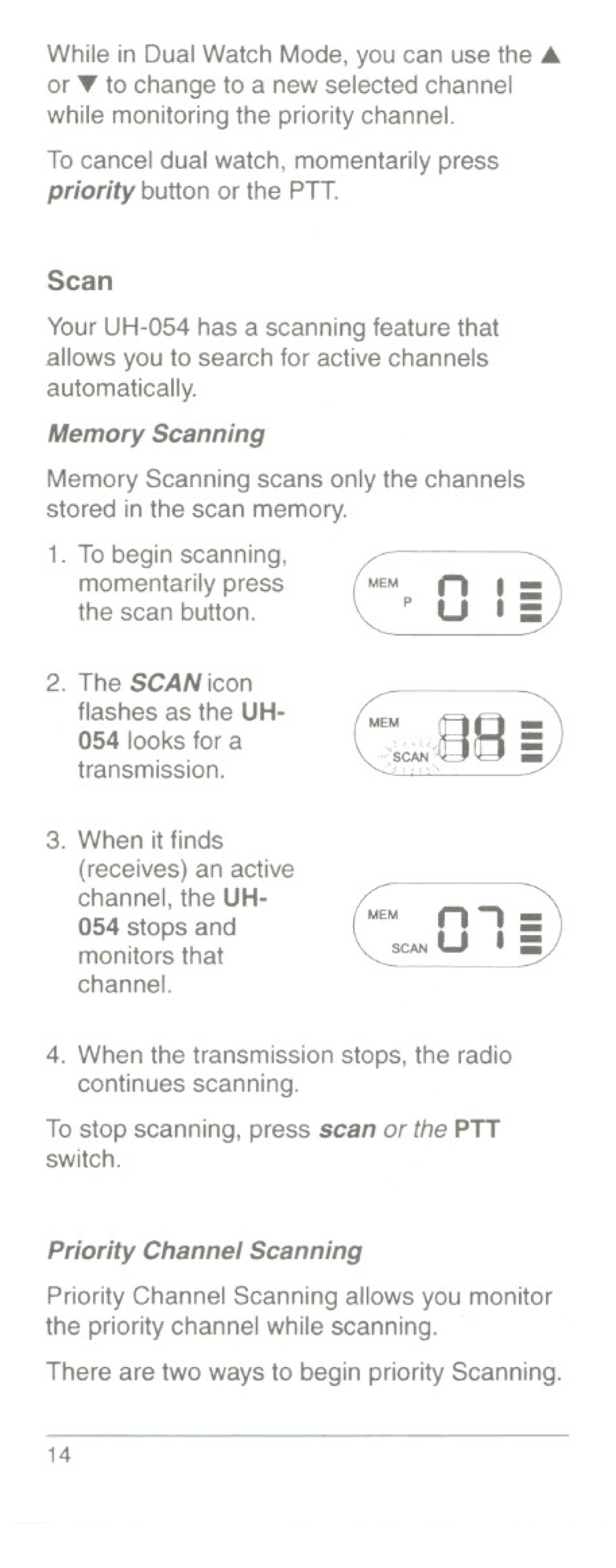 Uniden UH054L, UH054A manual Memory Scanning 