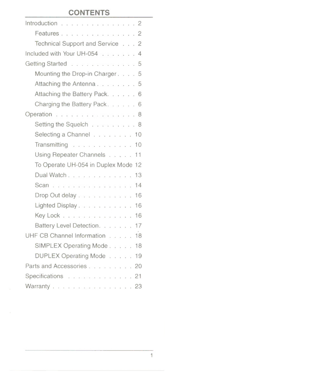 Uniden UH054A, UH054L manual Contents 