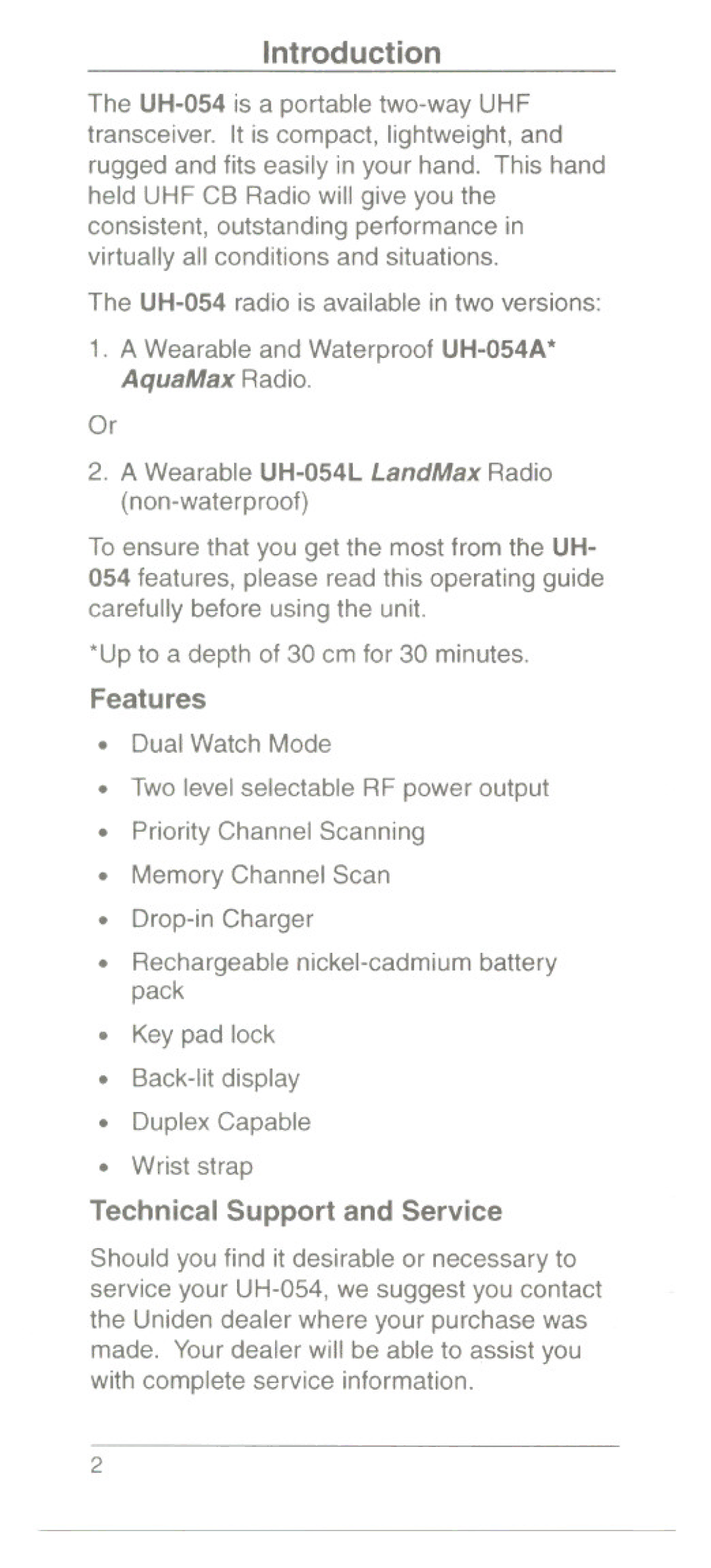 Uniden UH054L manual Introduction, Key pad lock Back-lit display Duplex Capable Wrist strap, Technical Support and Service 