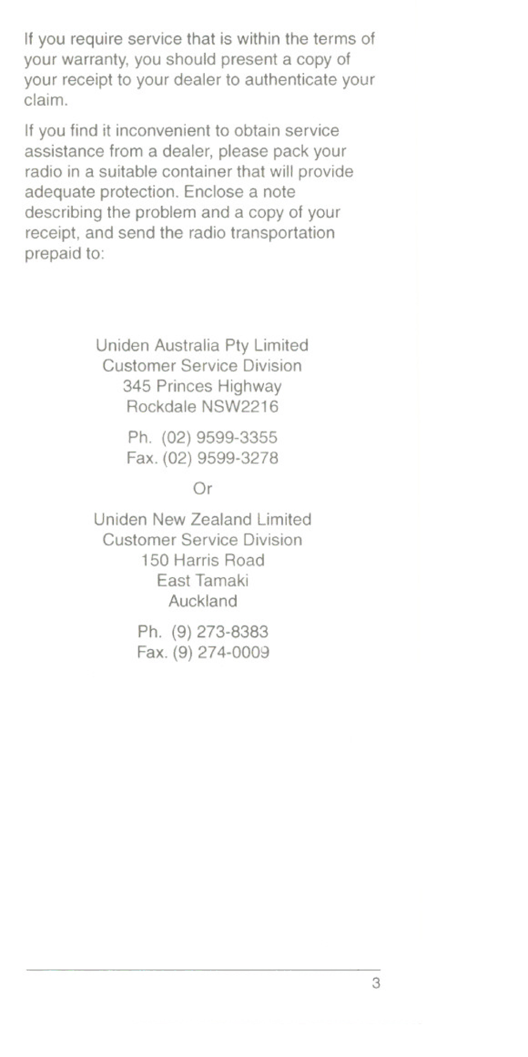 Uniden UH054A, UH054L manual Auckland 