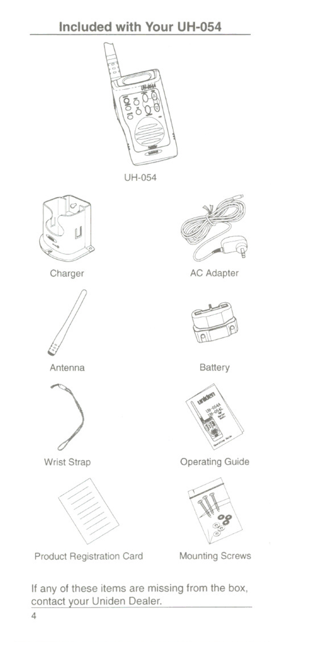 Uniden UH054L, UH054A manual Included with Your UH-O54, AntennaBattery 