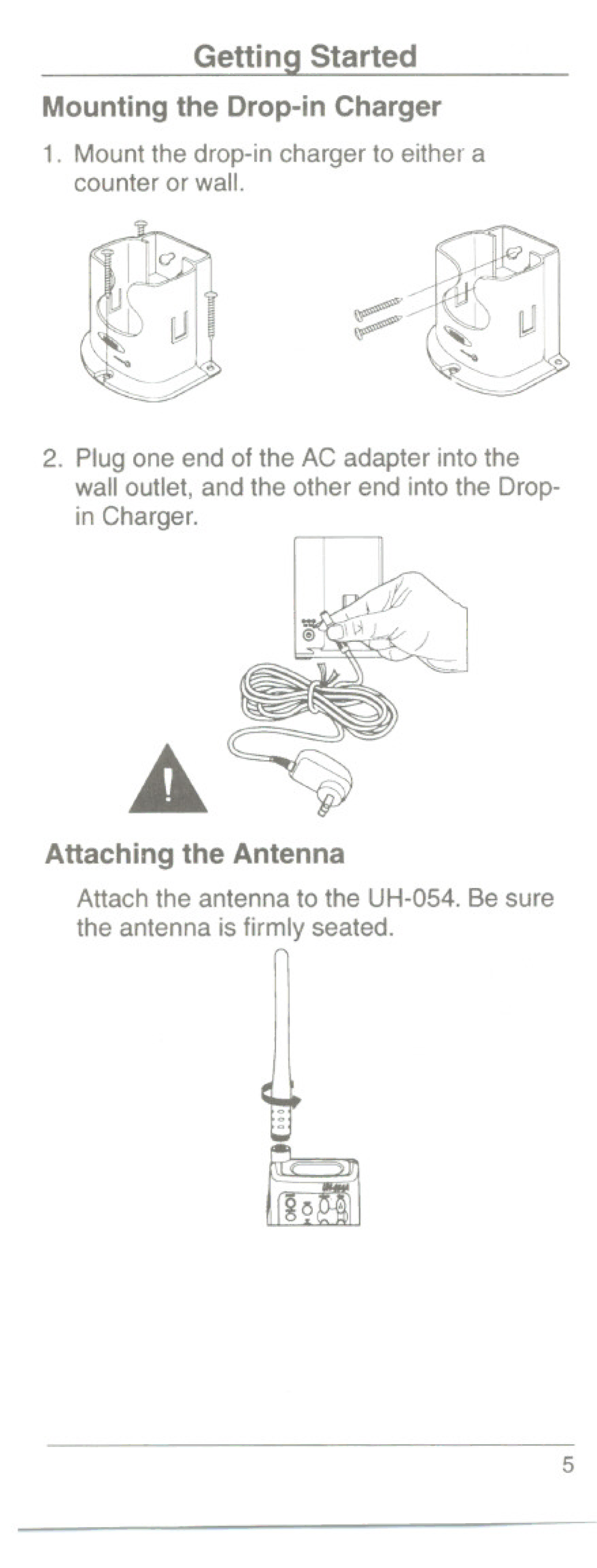 Uniden UH054A, UH054L Getting Started Mounting the Drop-in Charger, Mount the drop-in charger to either a counter or wall 