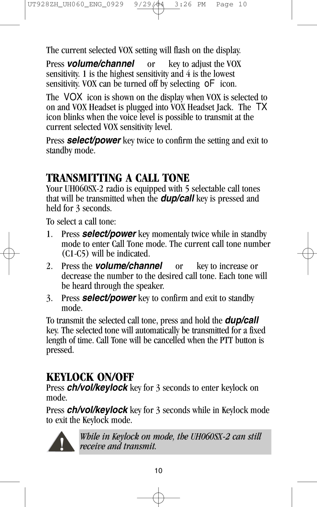 Uniden UH060SX-2 manual Transmitting a Call Tone, Keylock ON/OFF 