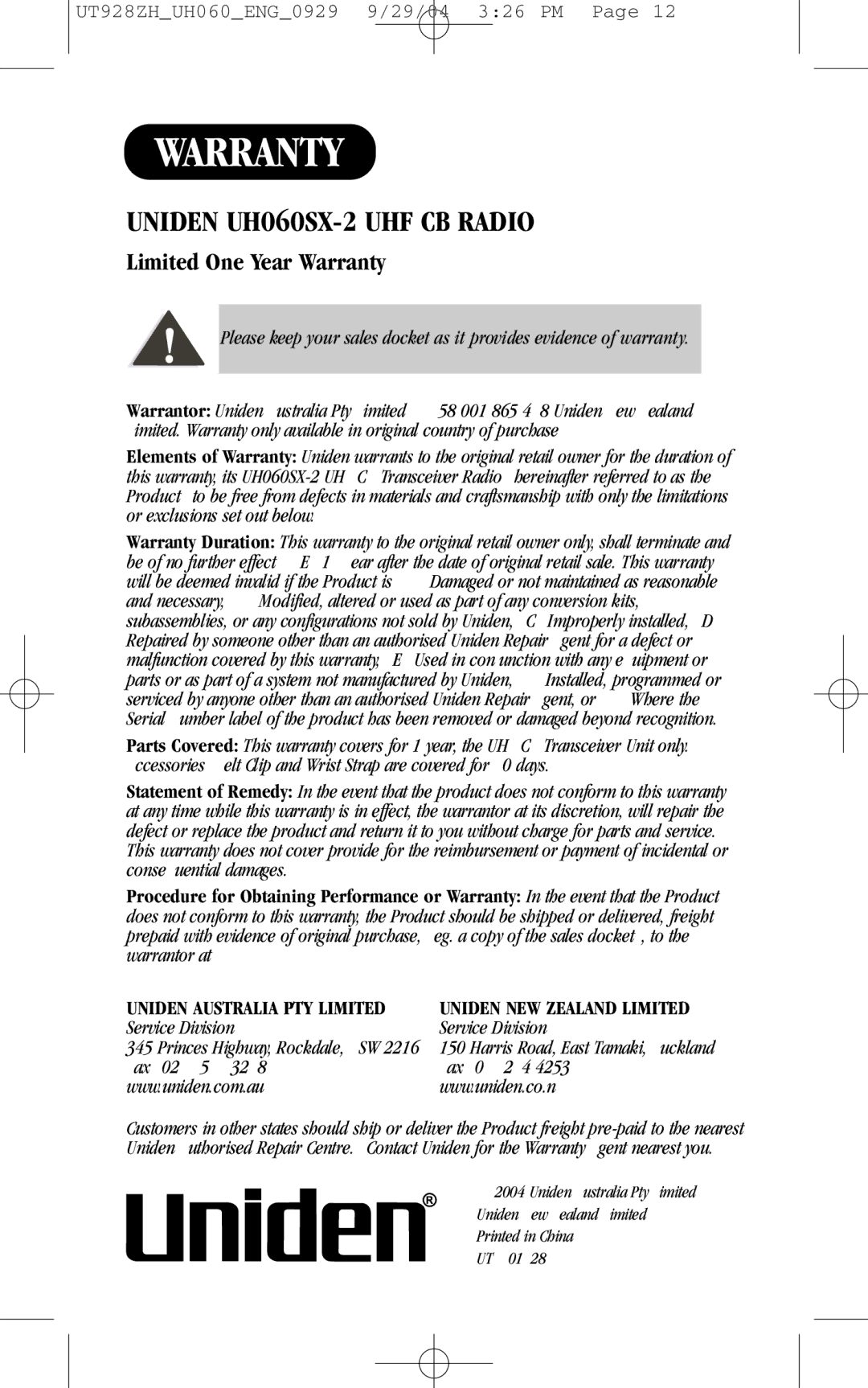 Uniden manual Warranty, Uniden UH060SX-2 UHF CB Radio 