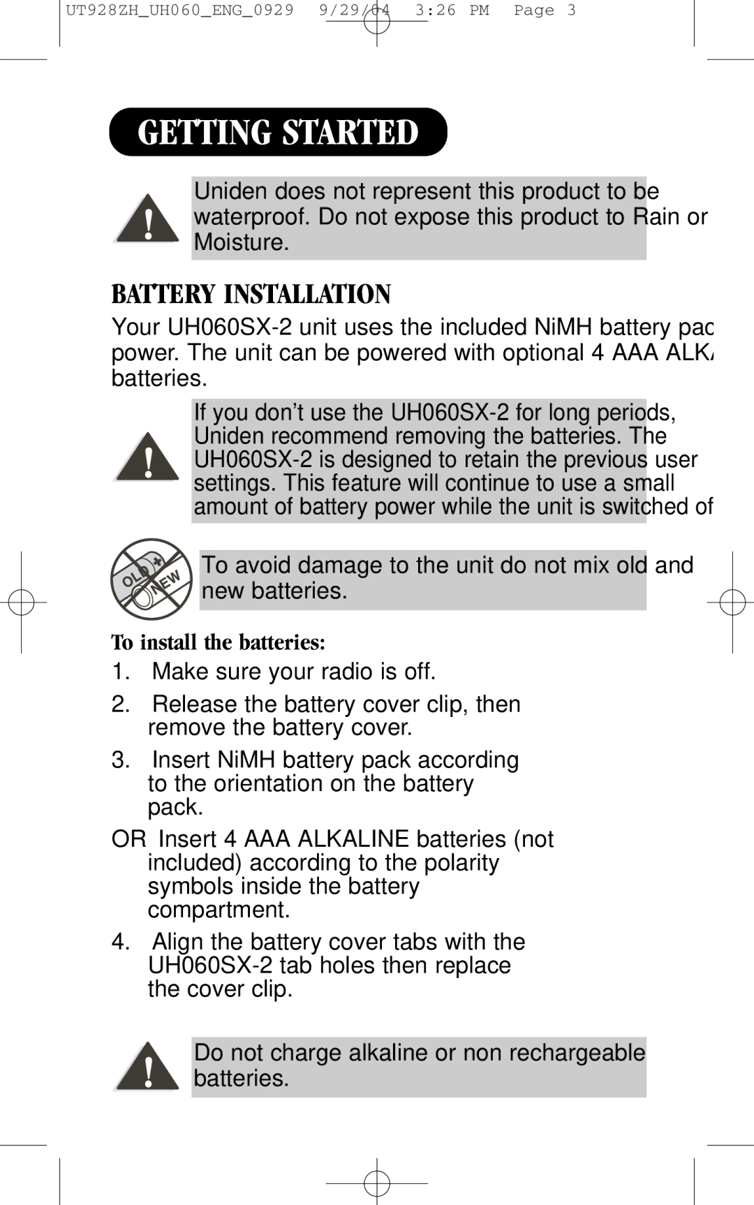 Uniden UH060SX-2 manual Getting Started, Battery Installation 