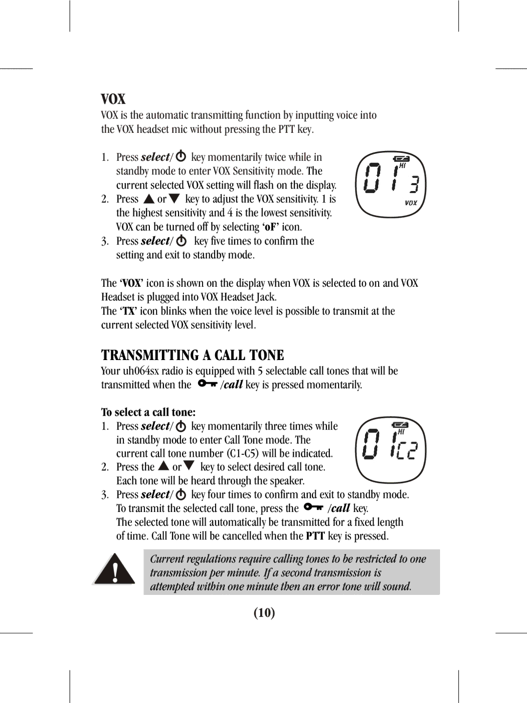 Uniden uh064sx-2 manual Vox, Transmitting a Call Tone 