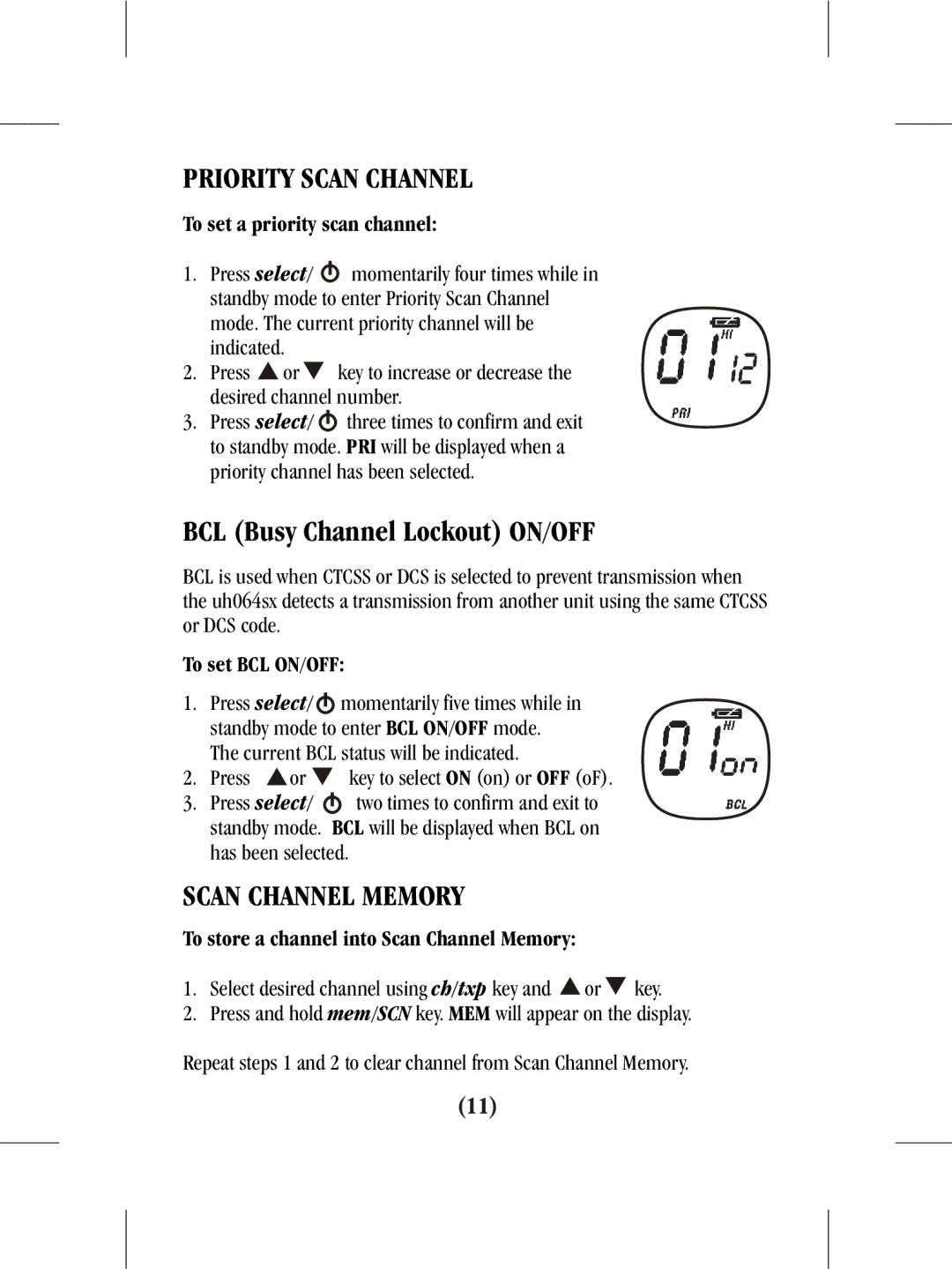 Uniden uh064sx-2 manual Priority Scan Channel, Scan Channel Memory 