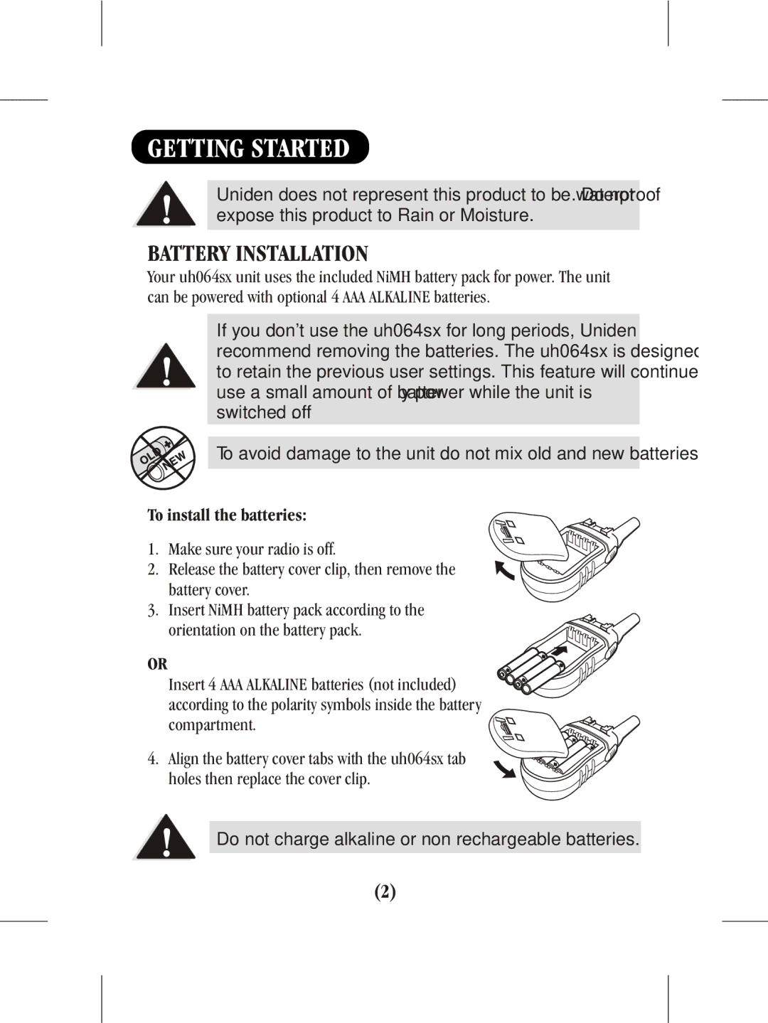 Uniden uh064sx-2 manual Getting Started, Battery Installation 