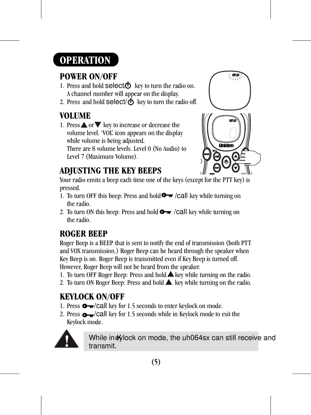 Uniden uh064sx-2 manual Operation 