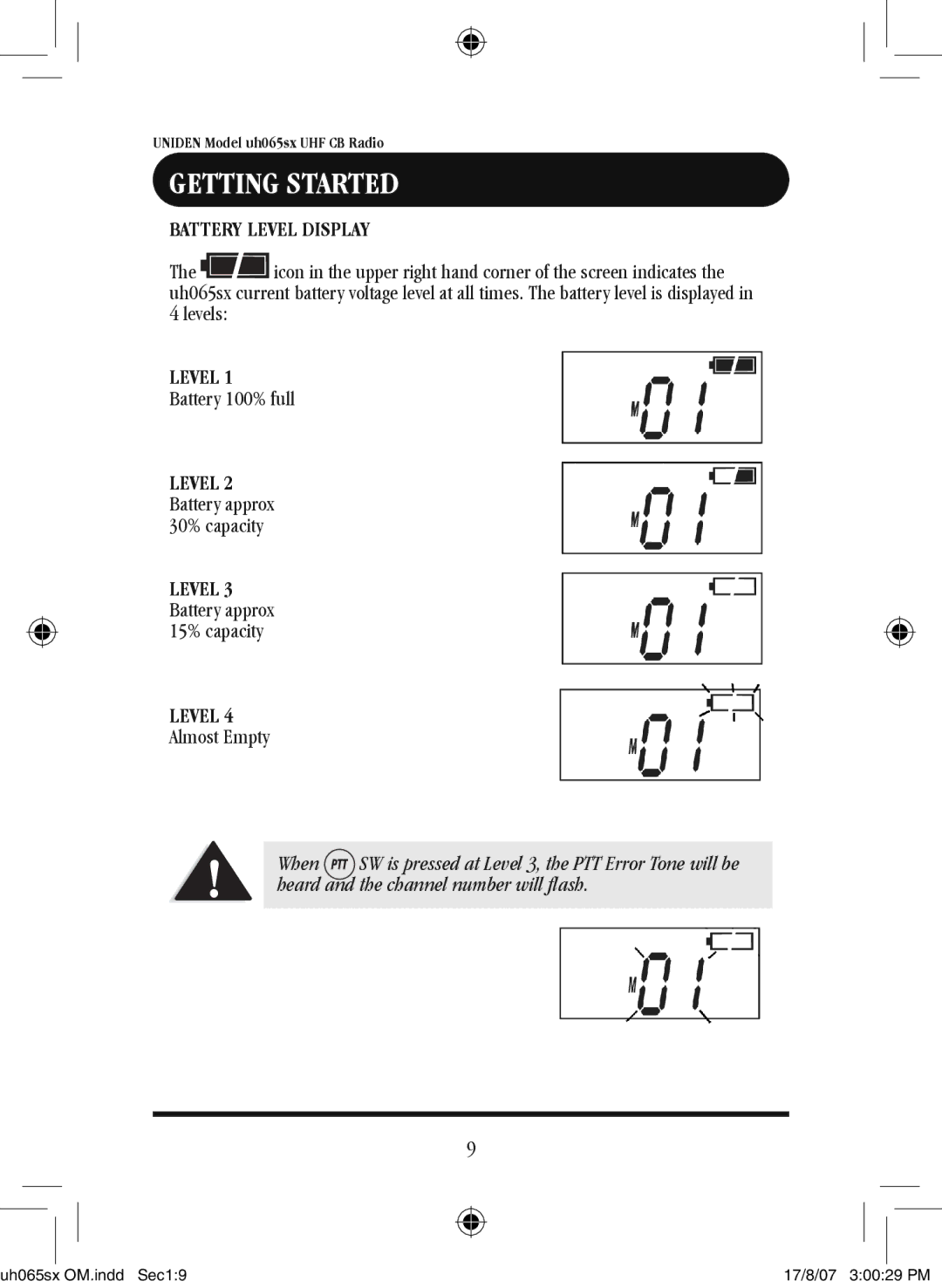 Uniden uh065sx-2 owner manual Levels, Battery 100% full, Almost Empty 