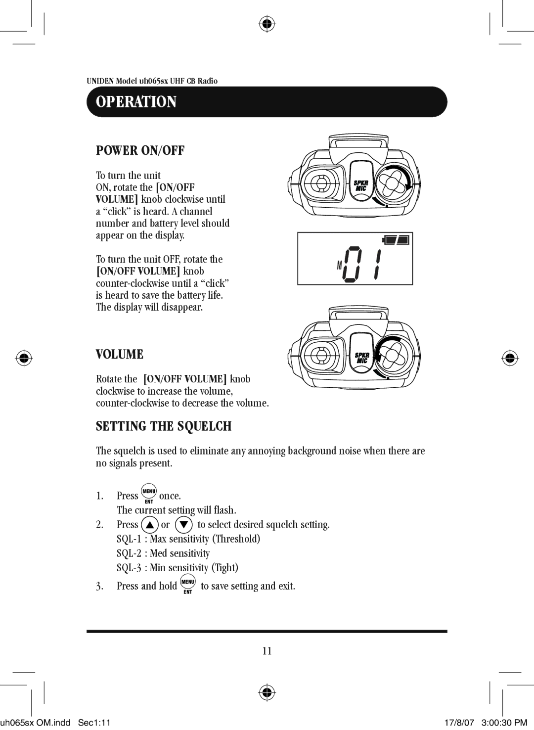 Uniden uh065sx-2 owner manual Operation, Power ON/OFF, Volume, Setting the Squelch 