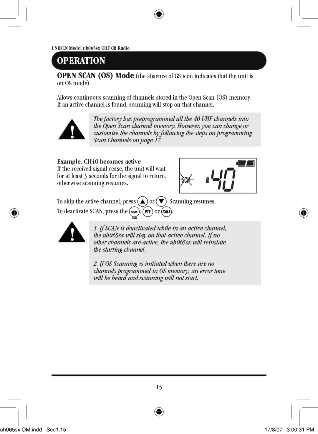 Uniden uh065sx-2 owner manual Example. CH40 becomes active 