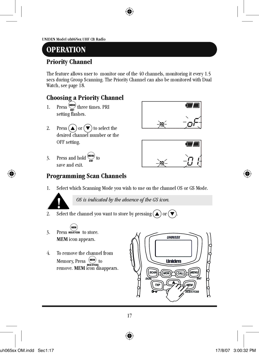 Uniden uh065sx Press Menu three times. PRI, Setting flashes, Press and hold Menu to, Remove. MEM icon disappears 