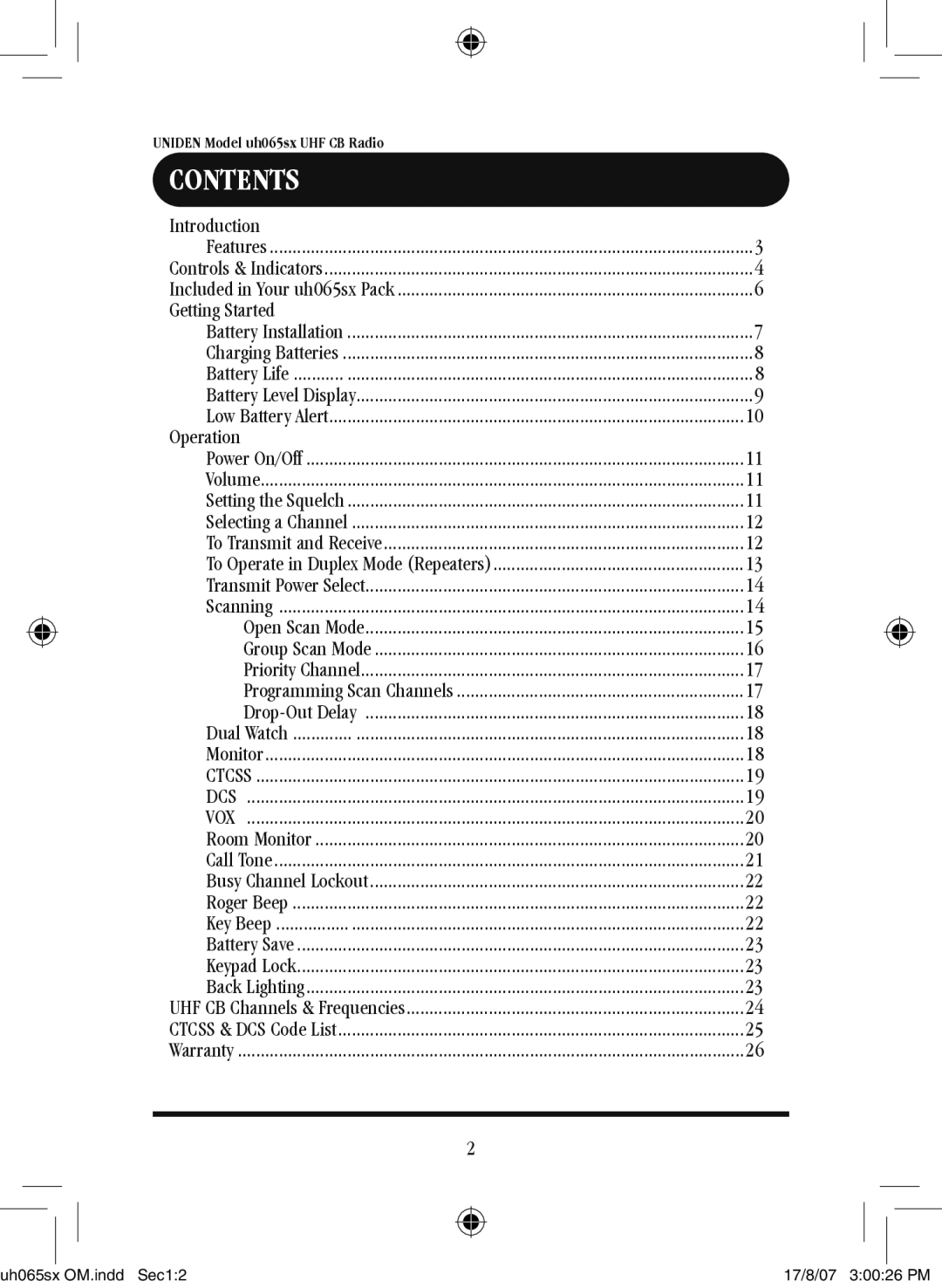 Uniden uh065sx-2 owner manual Contents 