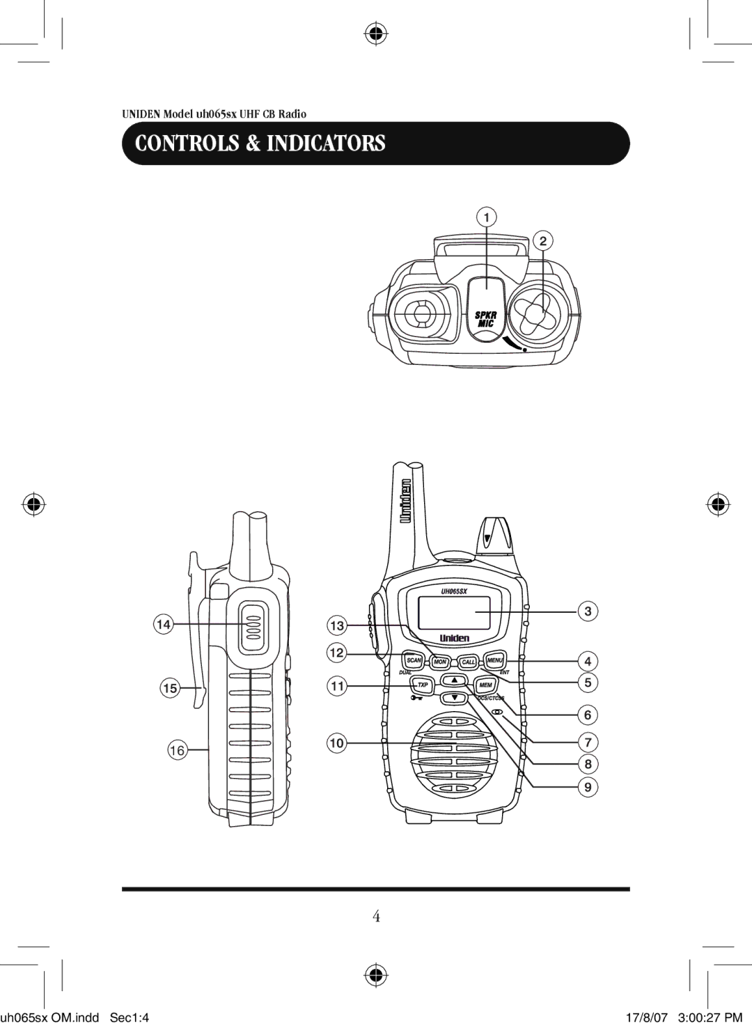 Uniden uh065sx-2 owner manual Controls & Indicators 