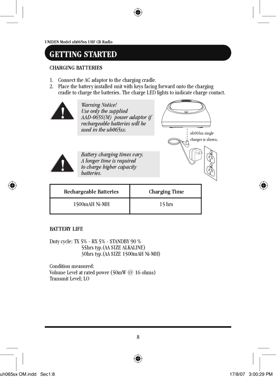 Uniden uh065sx-2 owner manual Connect the AC adaptor to the charging cradle, Charging Time 