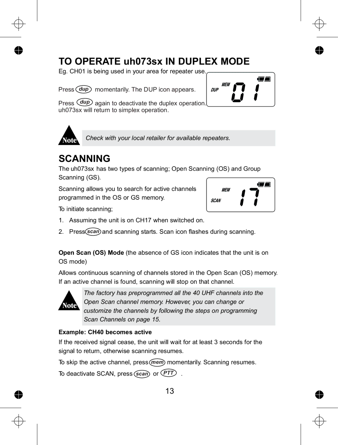 Uniden UH073sx manual Scanning, Example CH40 becomes active 