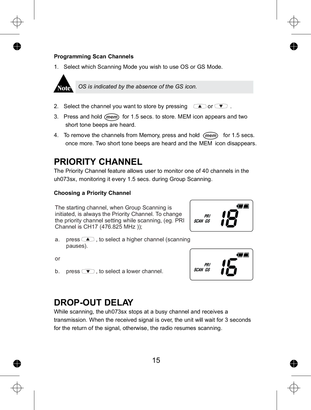 Uniden UH073sx manual DROP-OUT Delay, Programming Scan Channels, Choosing a Priority Channel 