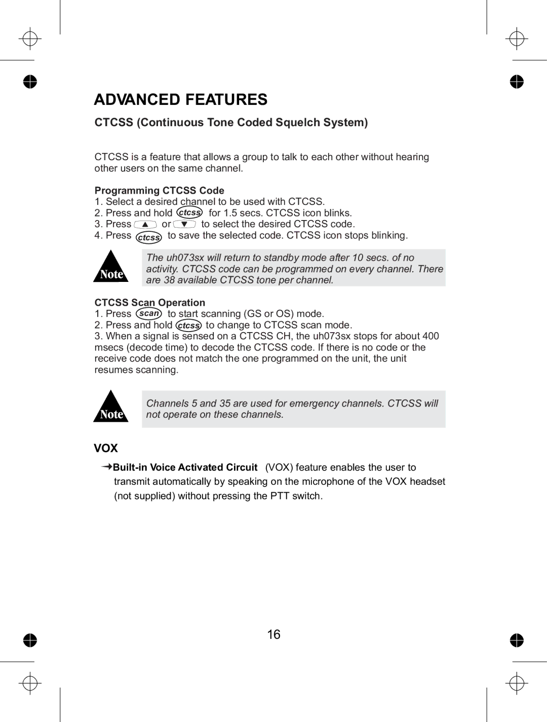 Uniden UH073sx manual Advanced Features, Programming Ctcss Code, Ctcss Scan Operation 