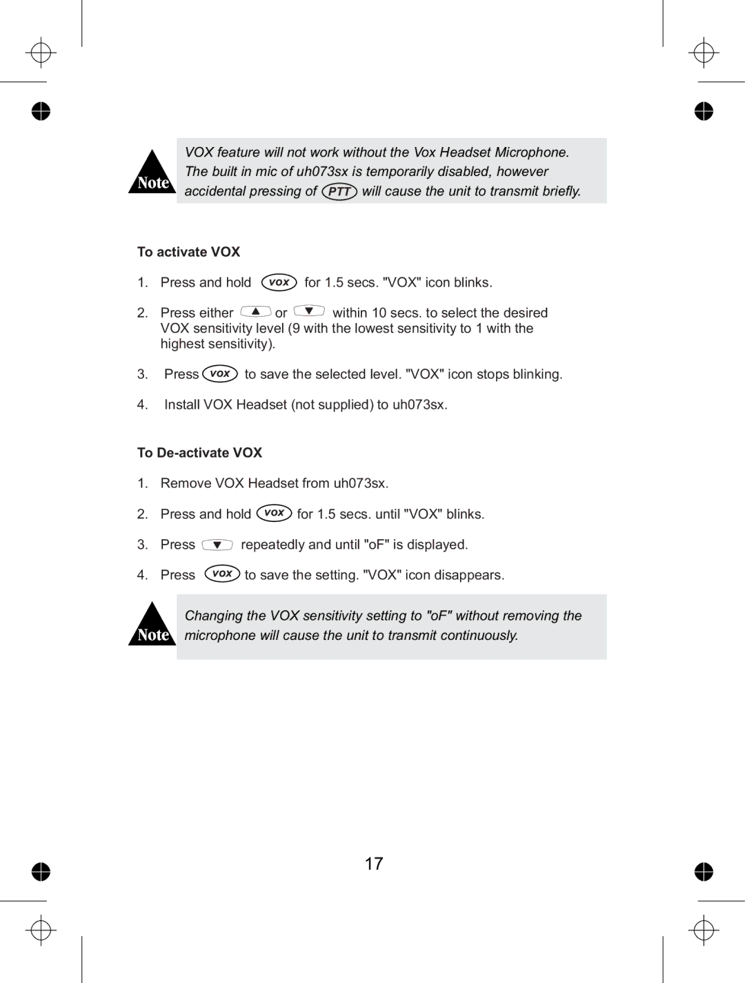 Uniden UH073sx manual To activate VOX, To De-activate VOX 