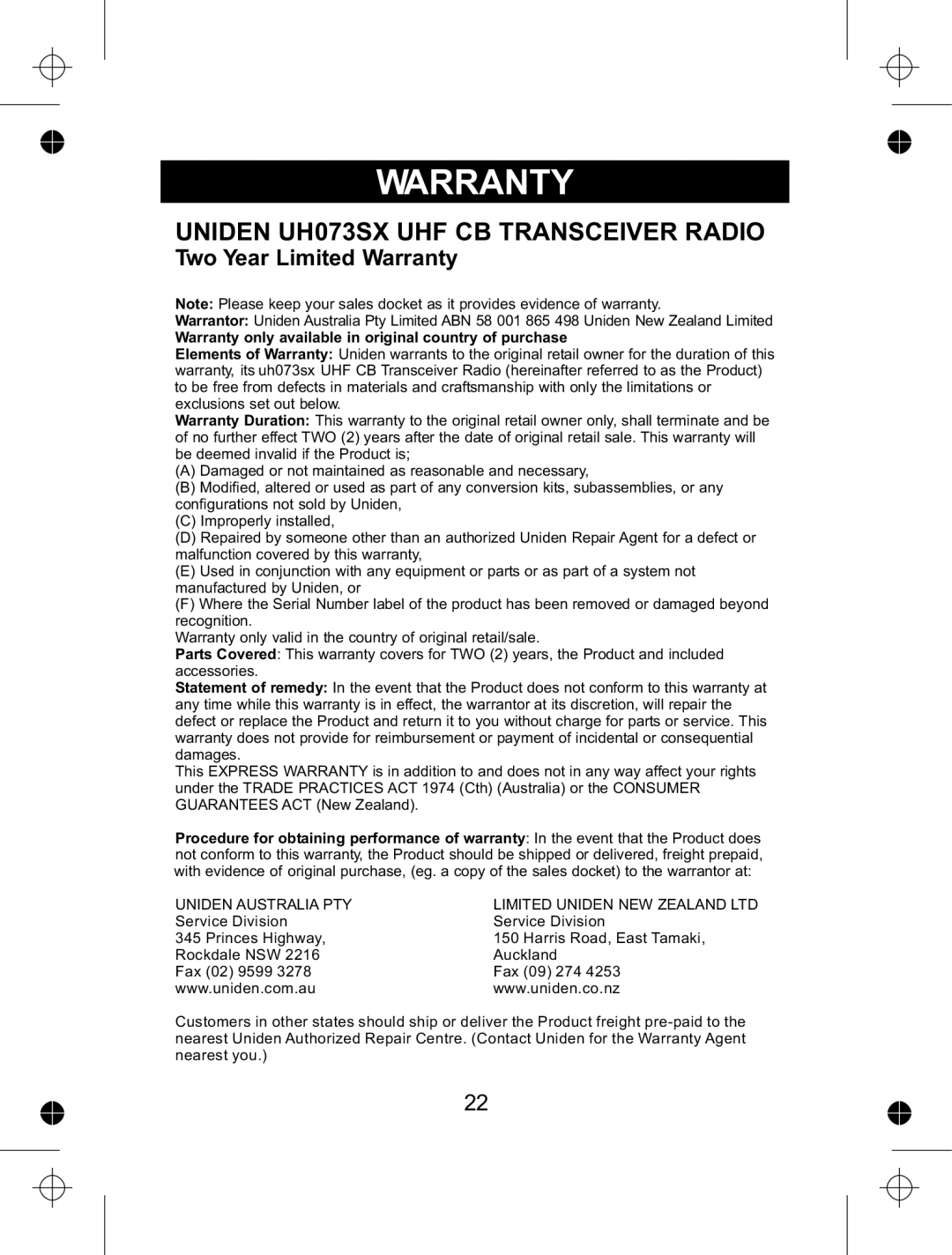 Uniden UH073sx manual Warranty, Uniden UH073SX UHF CB Transceiver Radio 