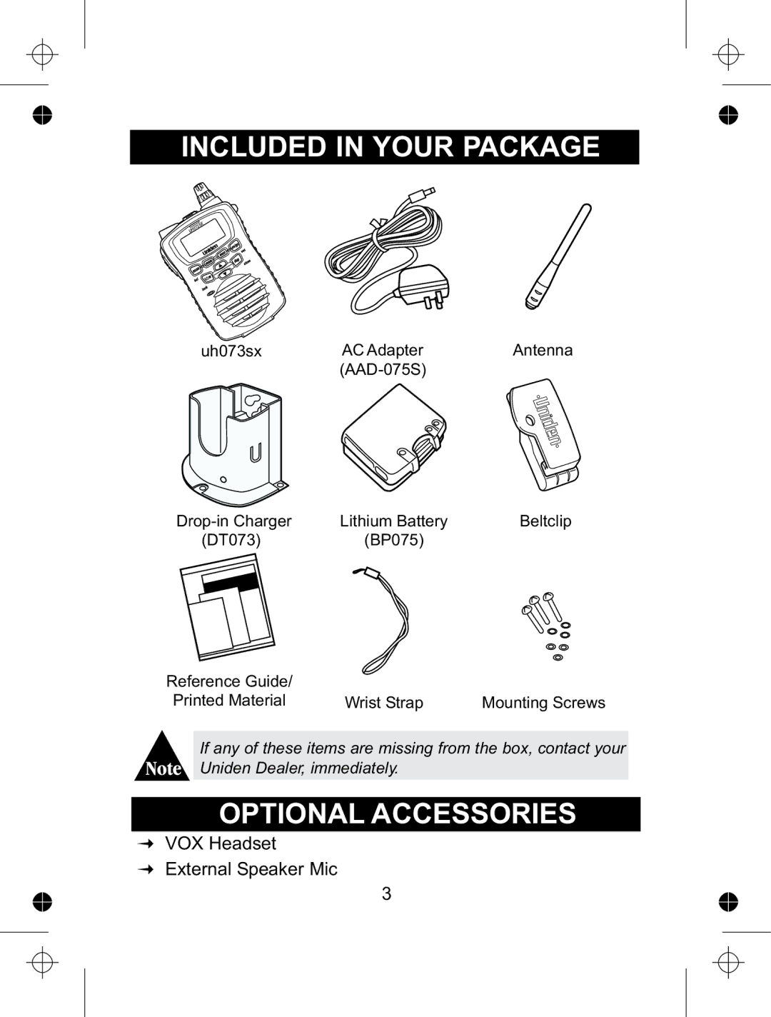 Uniden UH073sx manual Included in Your Package, Optional Accessories 