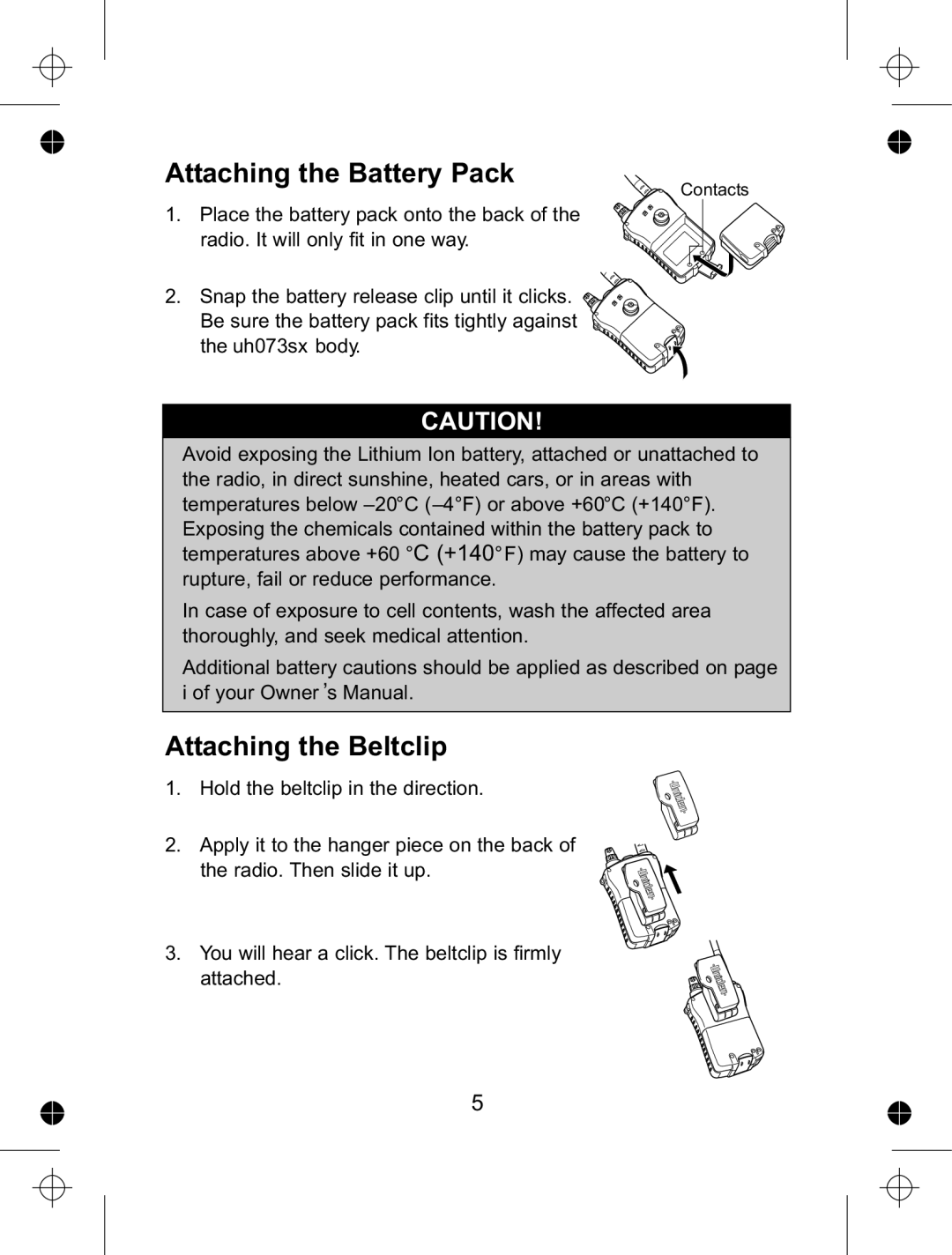 Uniden UH073sx manual Attaching the Battery Pack 