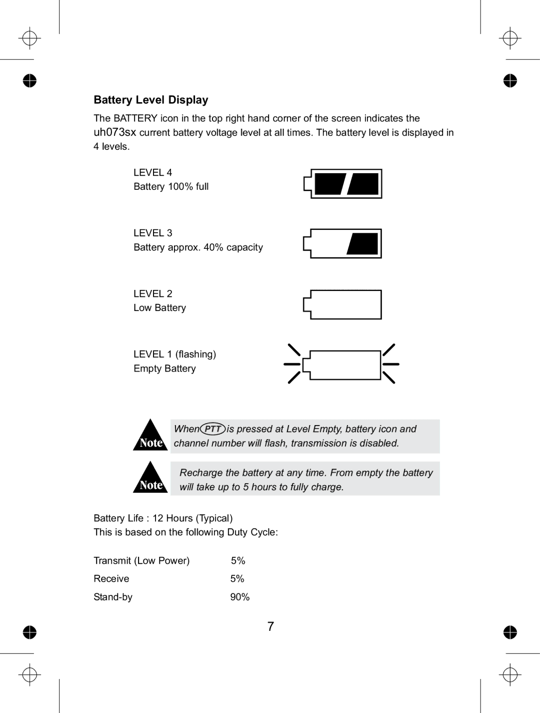 Uniden UH073sx manual Battery Level Display 