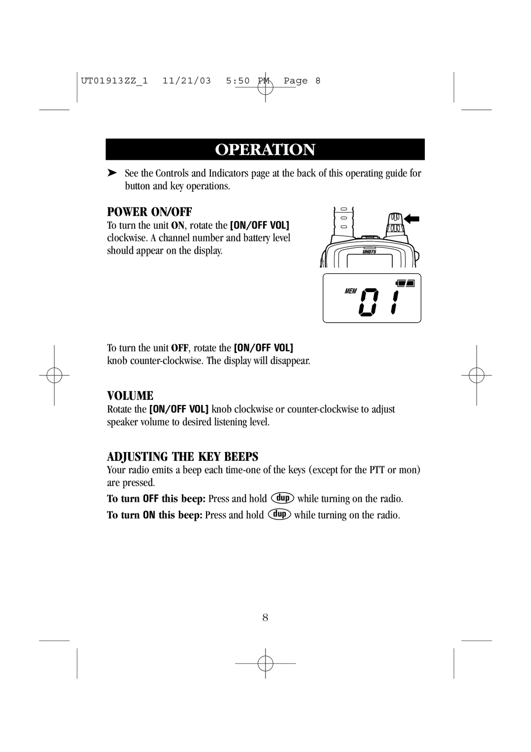 Uniden UH075 manual Operation, Power ON/OFF, Volume, Adjusting the KEY Beeps 