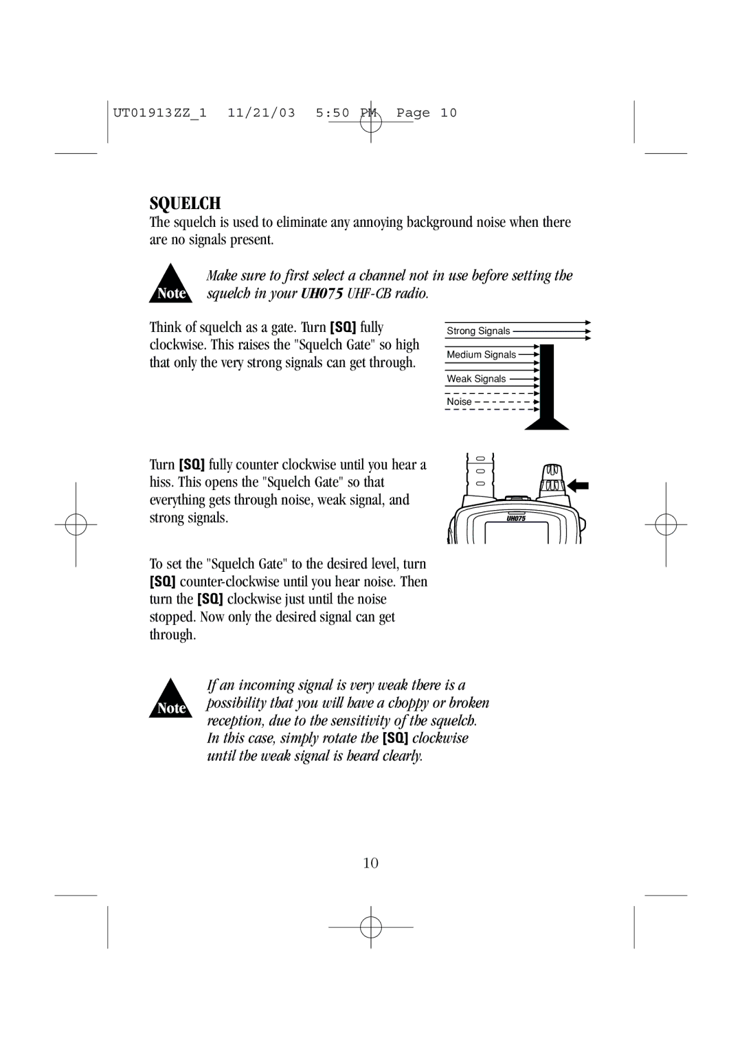 Uniden UH075 manual Squelch 