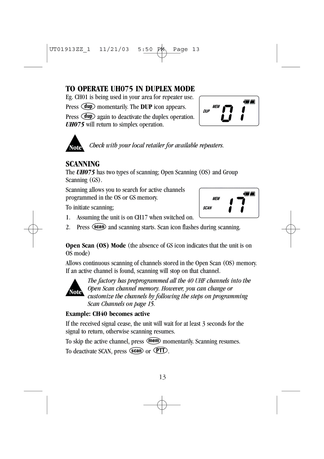 Uniden manual To Operate UH075 in Duplex Mode, Scanning, Example CH40 becomes active 