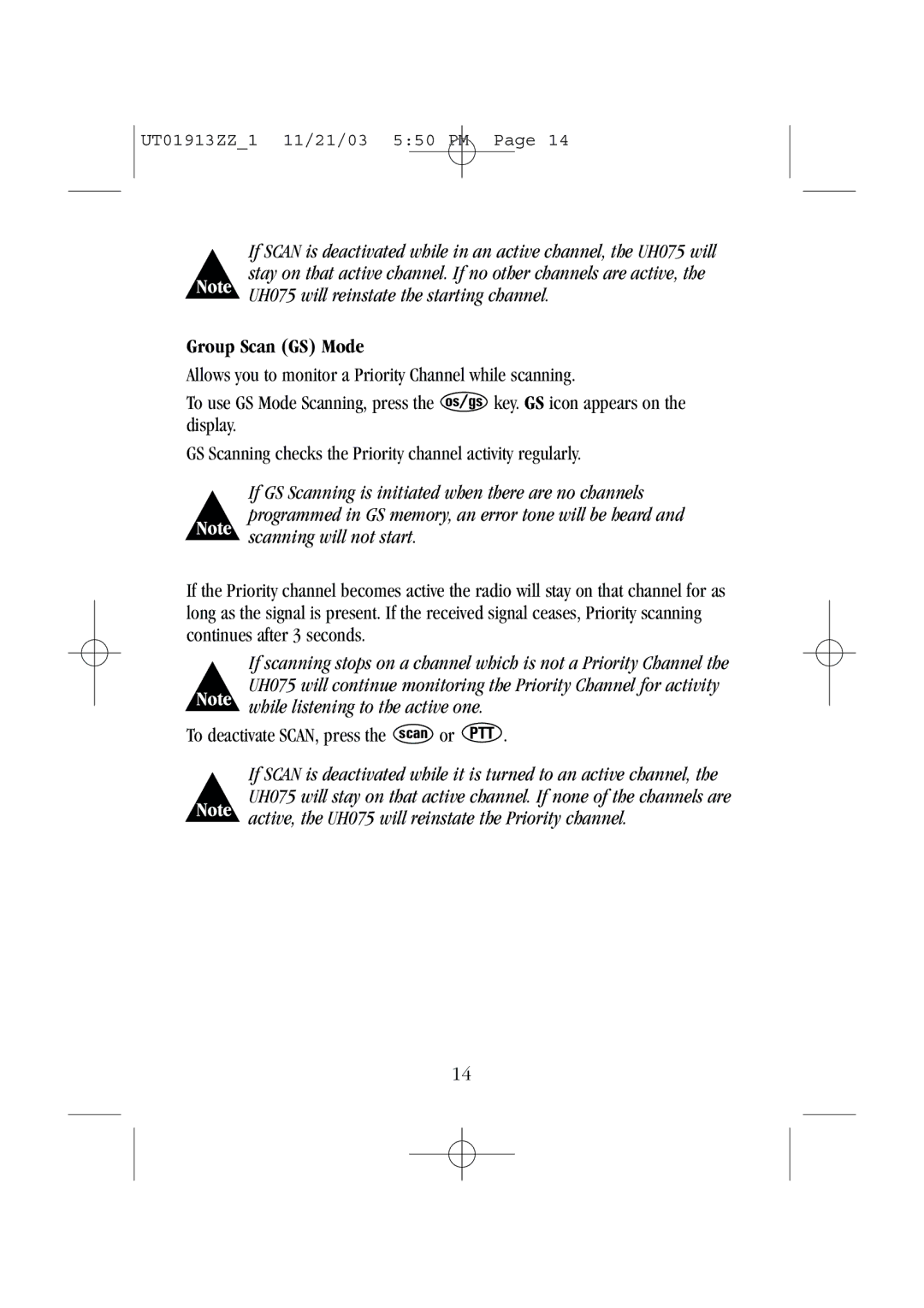 Uniden UH075 manual Group Scan GS Mode 