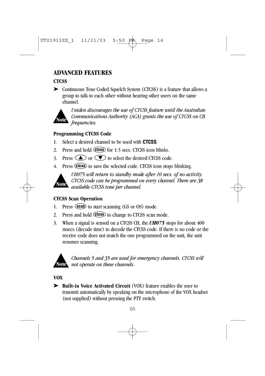 Uniden UH075 manual Advanced Features, Programming Ctcss Code, Ctcss Scan Operation 