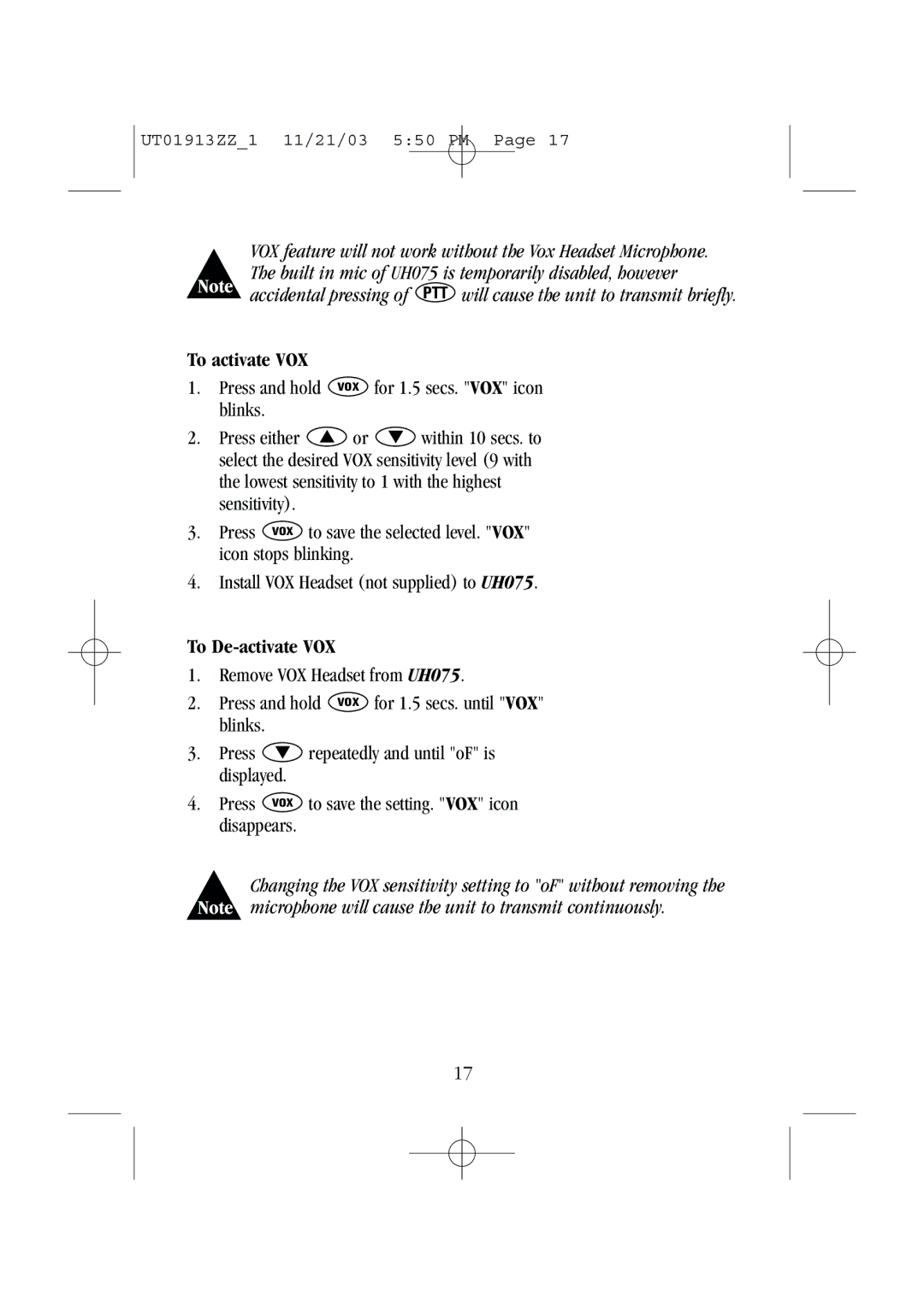 Uniden UH075 manual To activate VOX, To De-activate VOX 