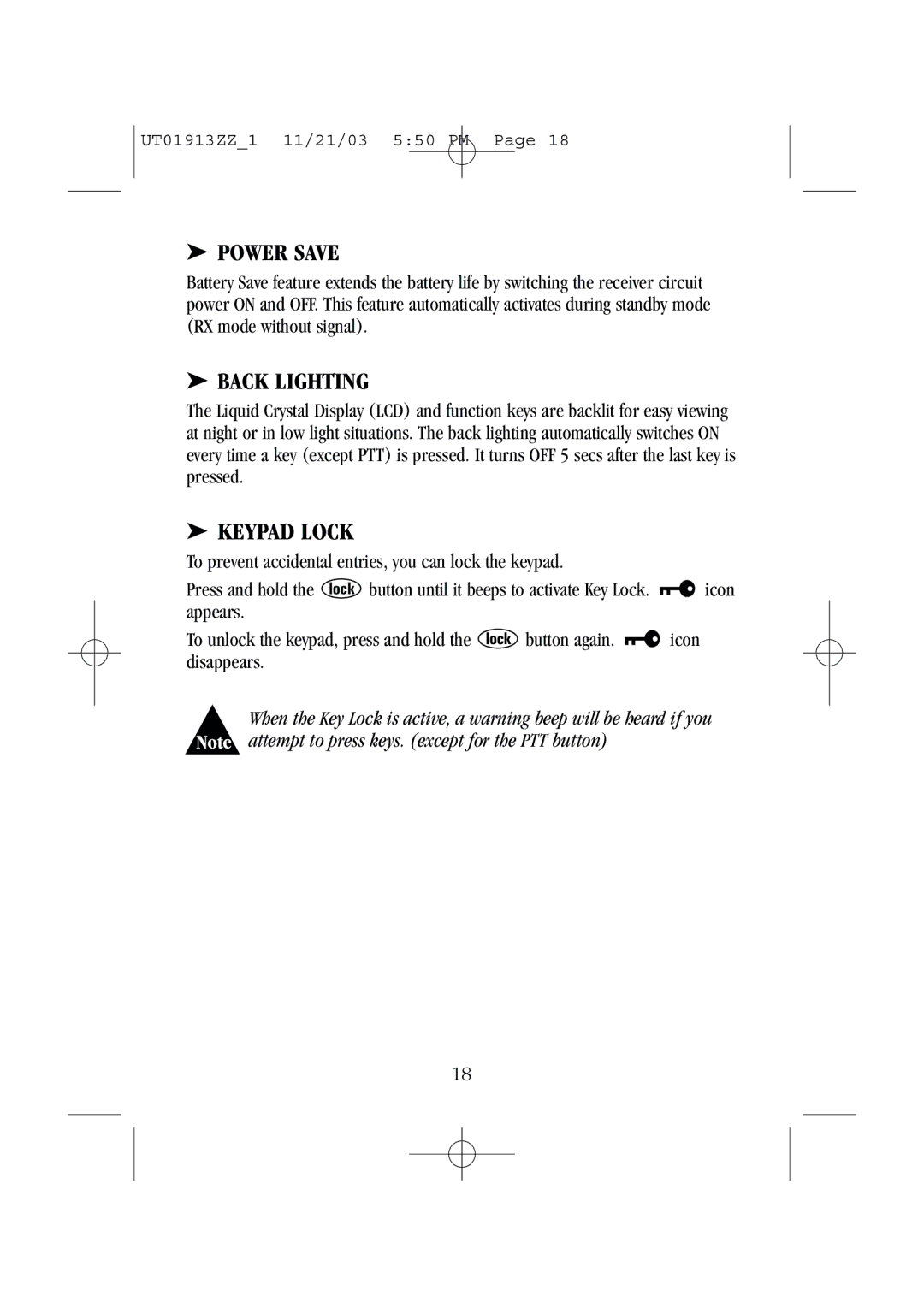 Uniden UH075 manual Power Save, Back Lighting, Keypad Lock 