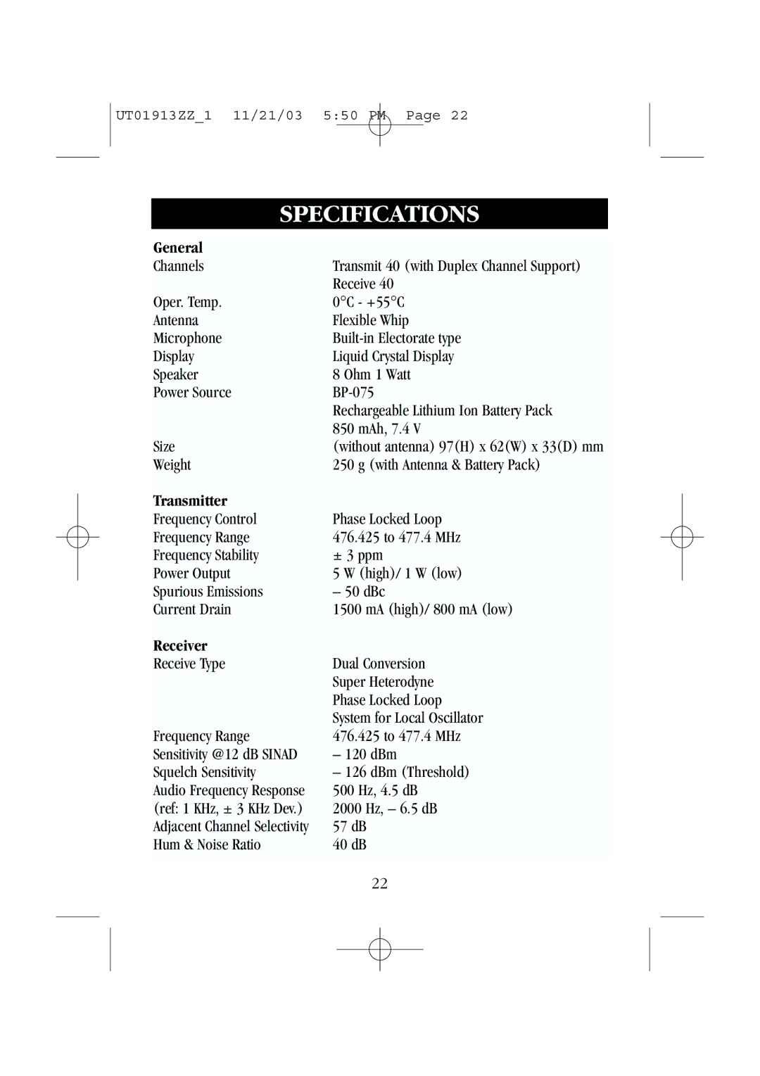 Uniden UH075 manual Specifications, General, Transmitter, Receiver 