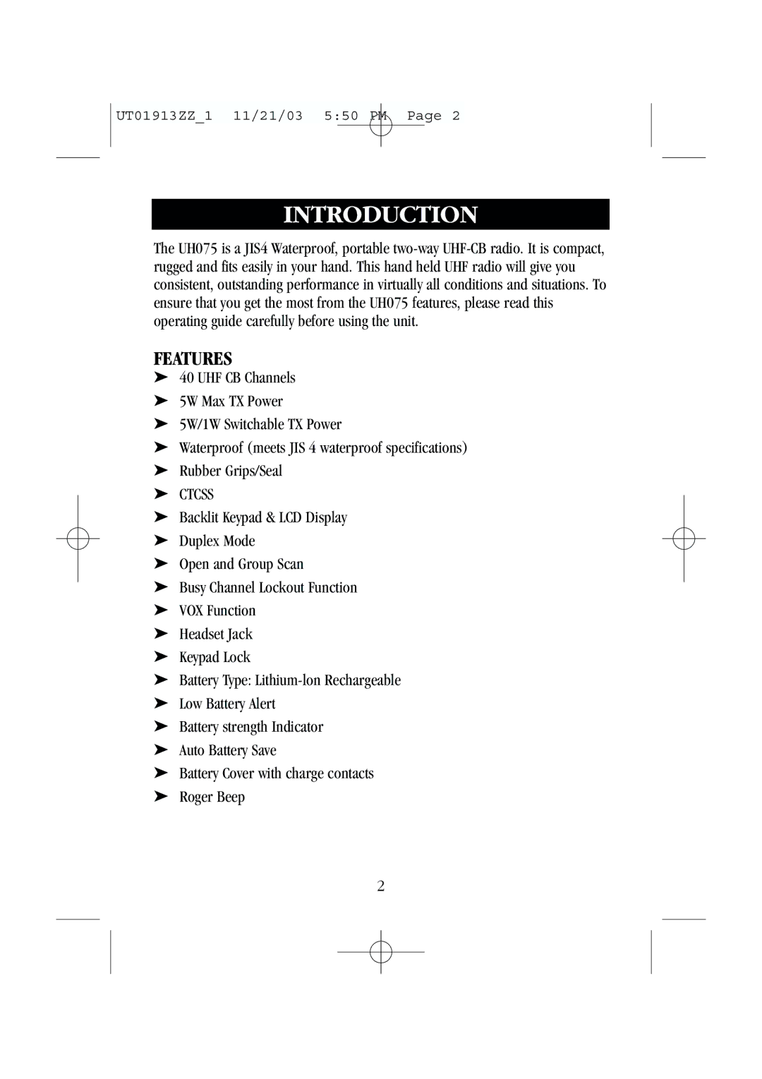 Uniden UH075 manual Introduction, Features 