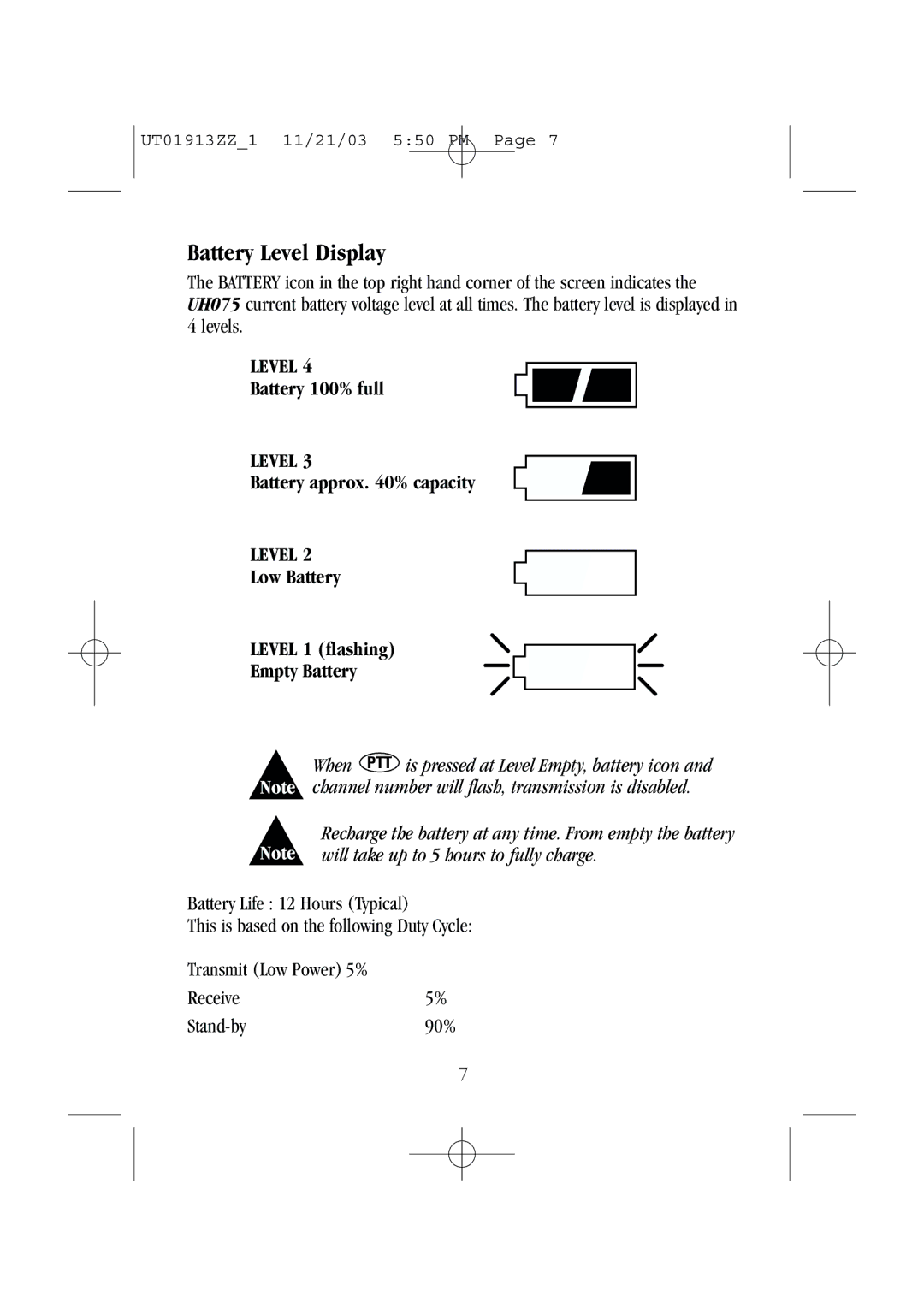 Uniden UH075 manual Battery 100% full, Battery approx % capacity, Low Battery Level 1 flashing Empty Battery 