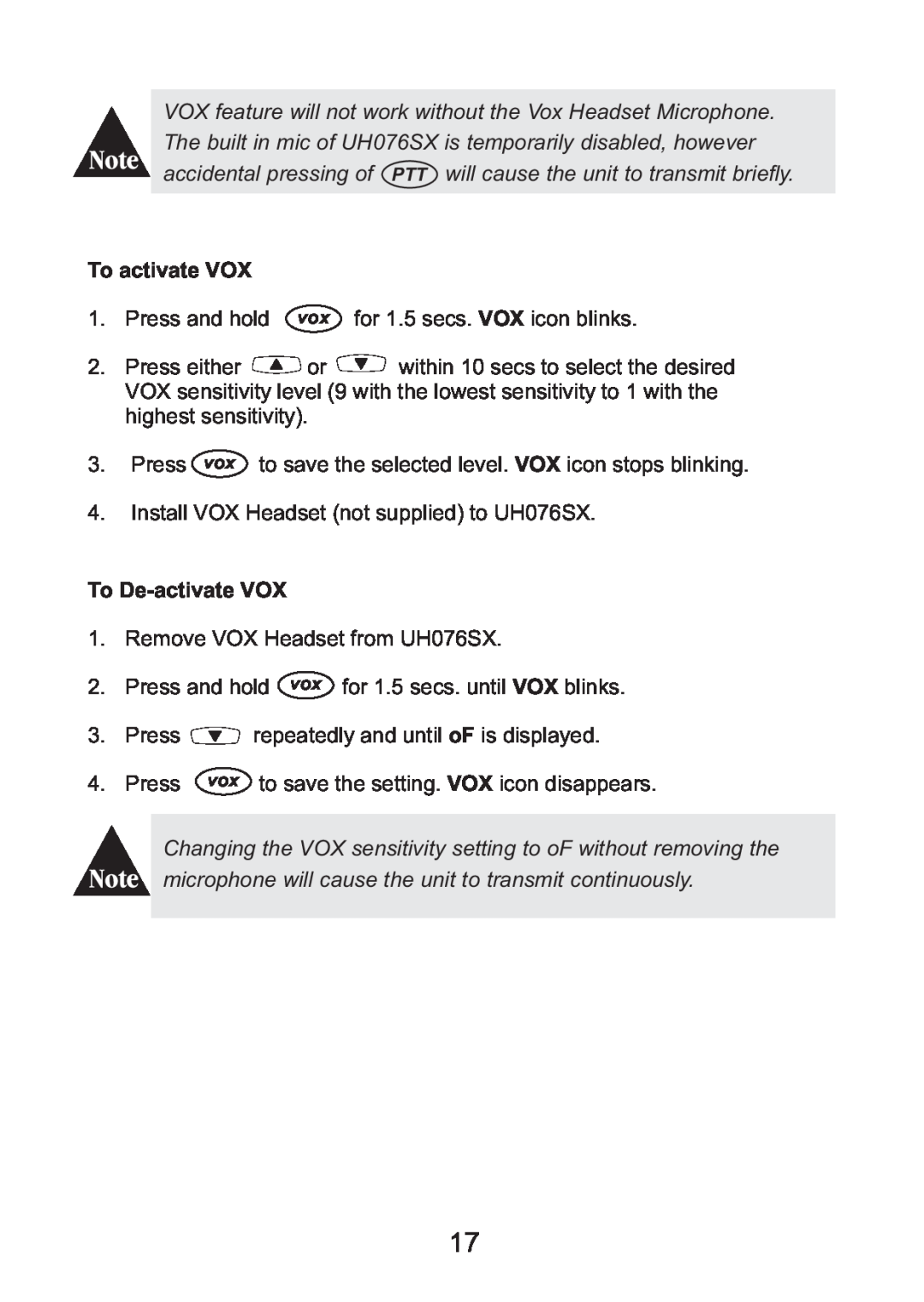 Uniden UH076SX owner manual To activate VOX, To De-activateVOX 
