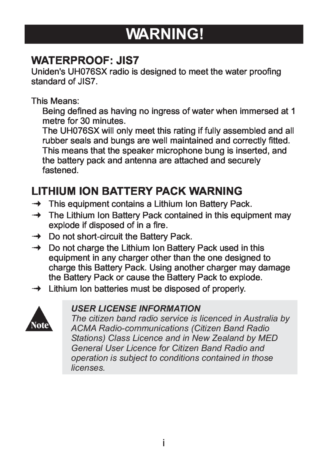 Uniden UH076SX owner manual WATERPROOF JIS7, Lithium Ion Battery Pack Warning, User License Information 
