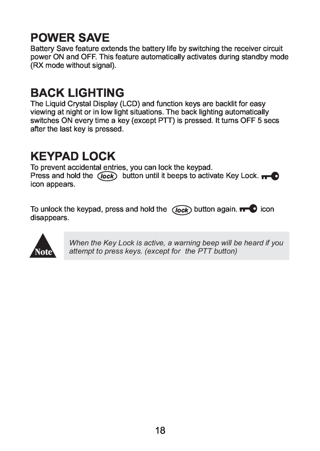 Uniden UH076SX owner manual Power Save, Back Lighting, Keypad Lock 