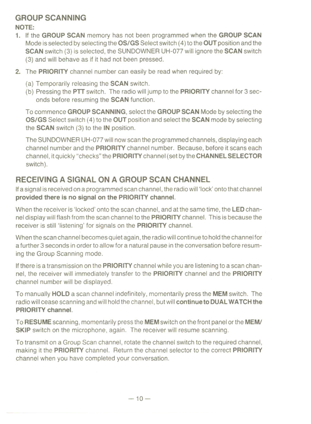 Uniden UH077 owner manual Group Scanning, Receiving a Signal on a Group Scan Channel 