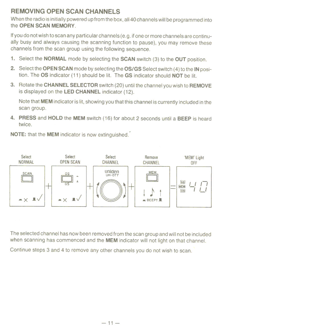 Uniden UH077 owner manual Removing Open Scan Channels, Normal Openscan Channel OFF 