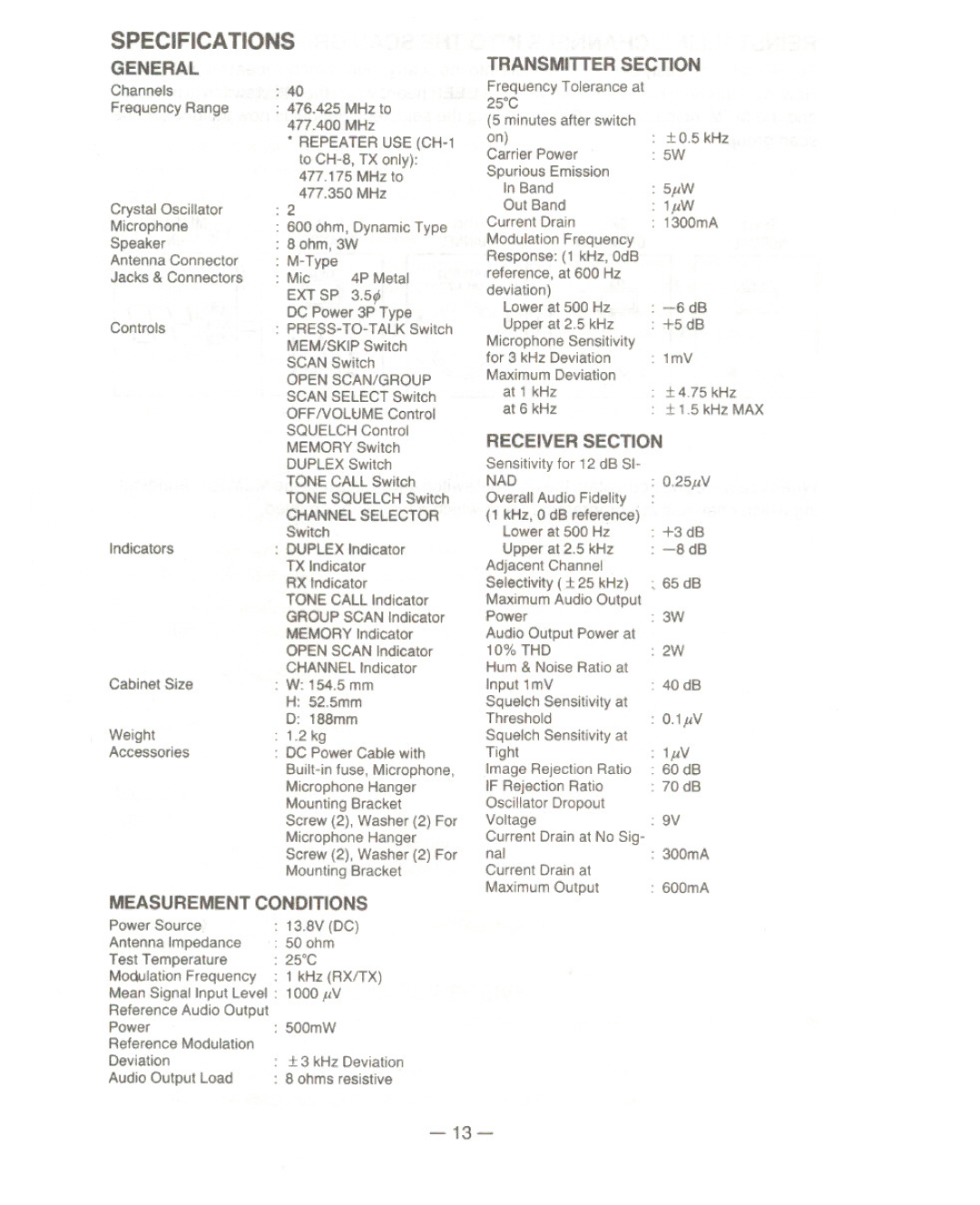 Uniden UH077 owner manual Specifications General, Transmitter Section 