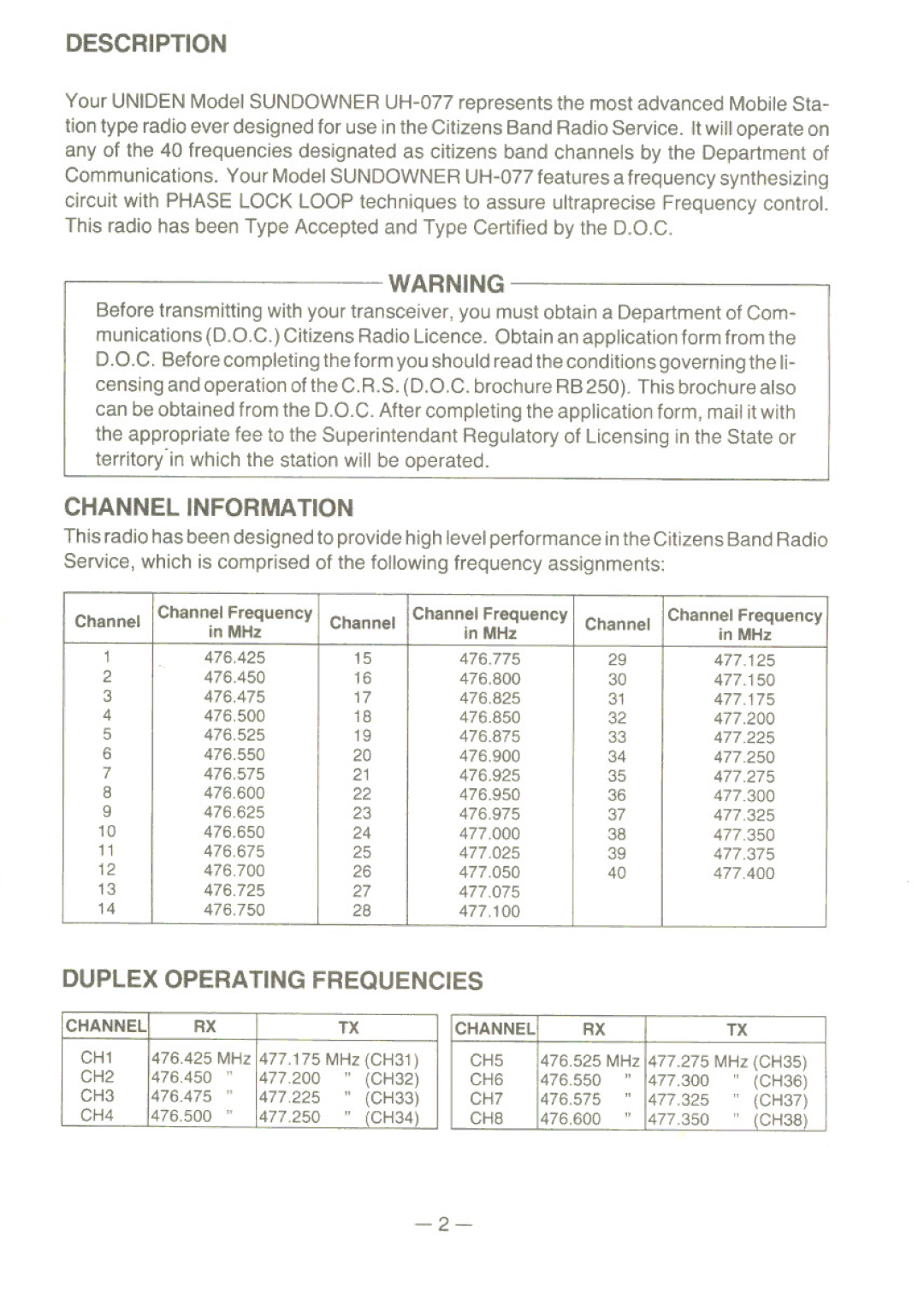 Uniden UH077 owner manual Channel Information, Duplex Operating Frequencies 