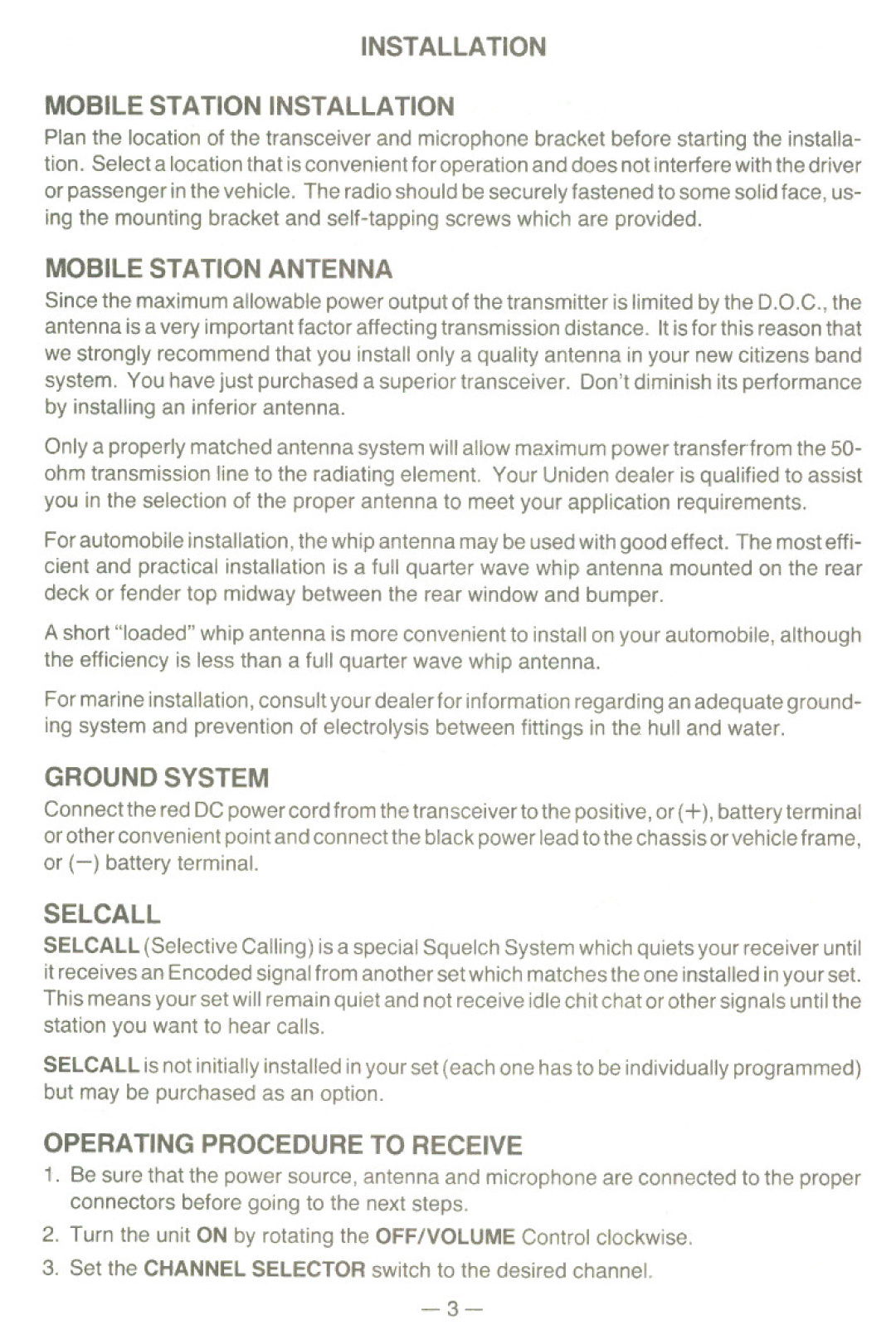 Uniden UH077 owner manual Installation Mobile Station Installation, Mobile Station Antenna, Ground System, Selcall 